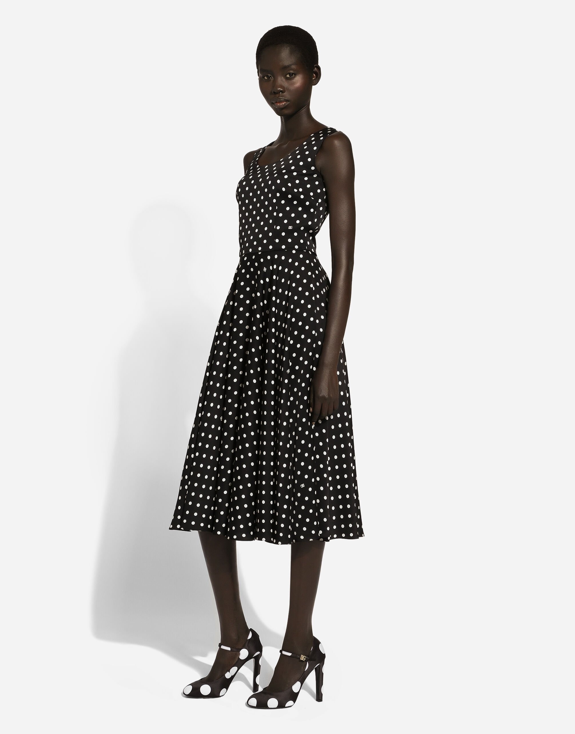 Silk charmeuse calf-length circle-skirt dress with polka-dot print - 6