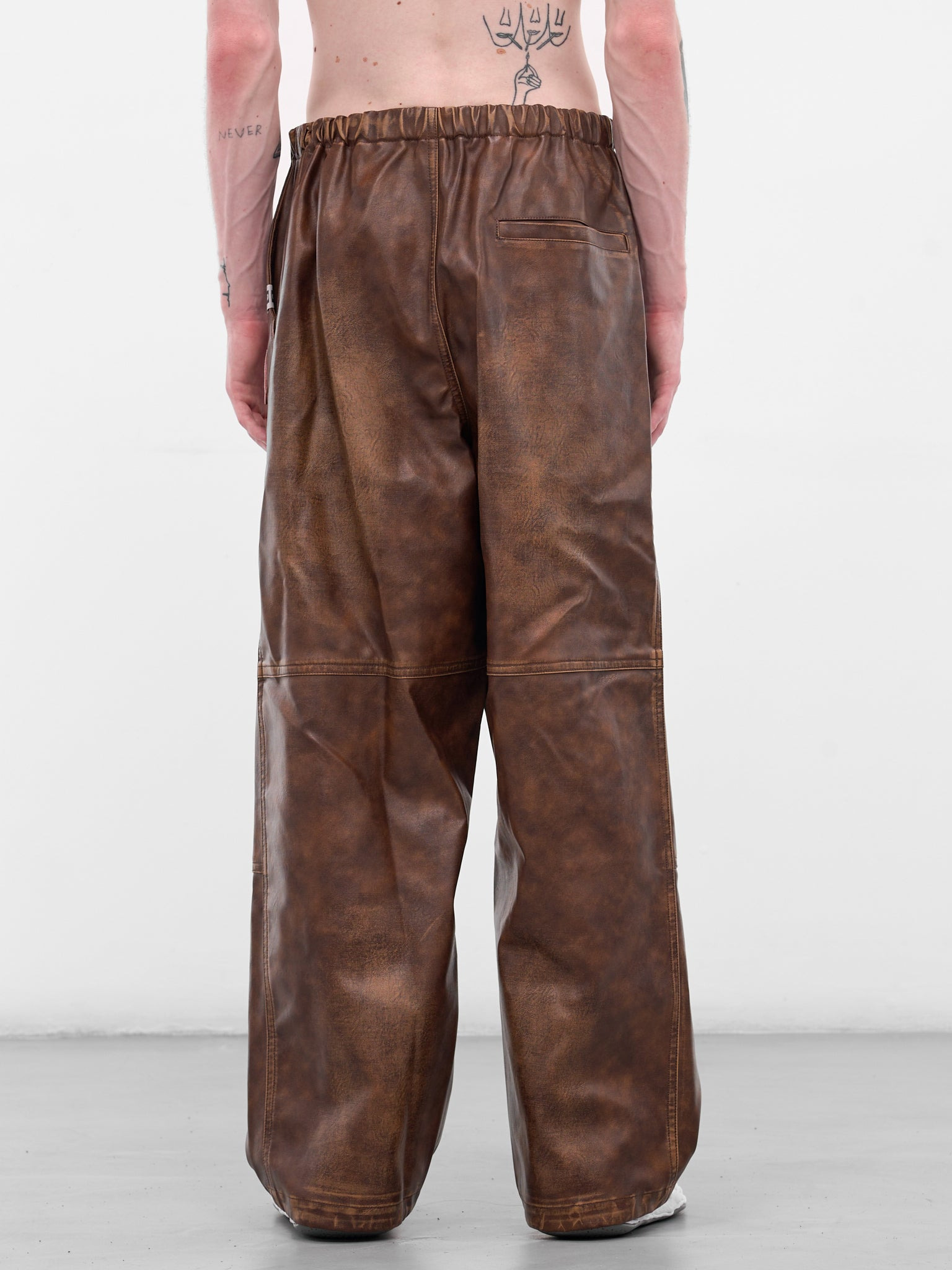 Brown Leather Elastic Waist Pants - 3