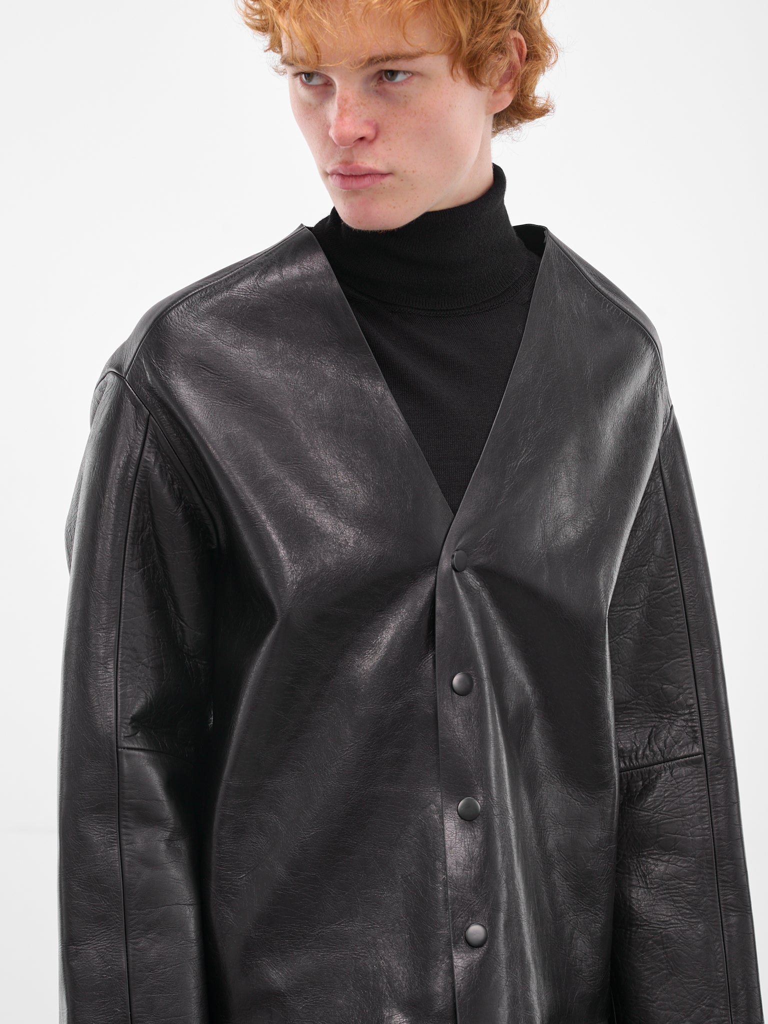 Black Minimalist Leather Boxy Jacket - 4