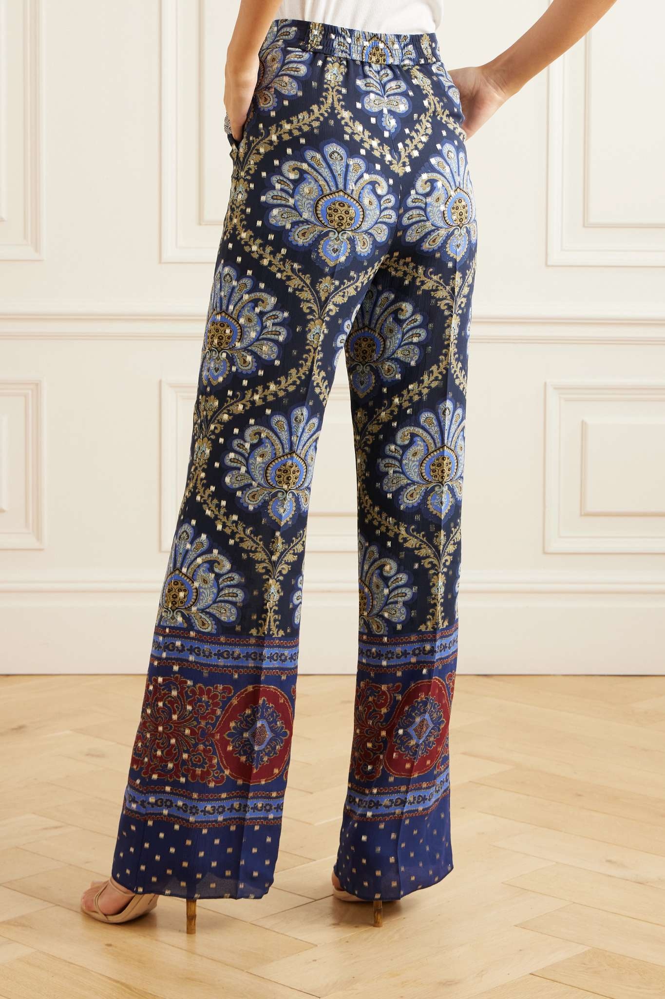 Paisley-print metallic fil coupé silk-blend wide-leg pants - 4