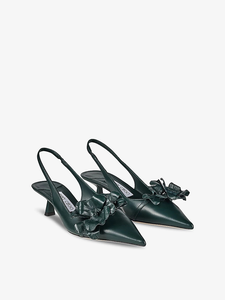 Amita flower-embellished leather heeled slingback courts - 3