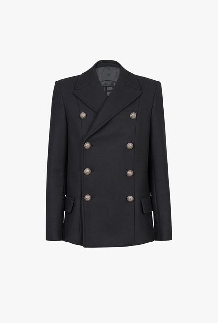 Black wool pea coat with double-breasted silver-tone buttoned fastening - 1