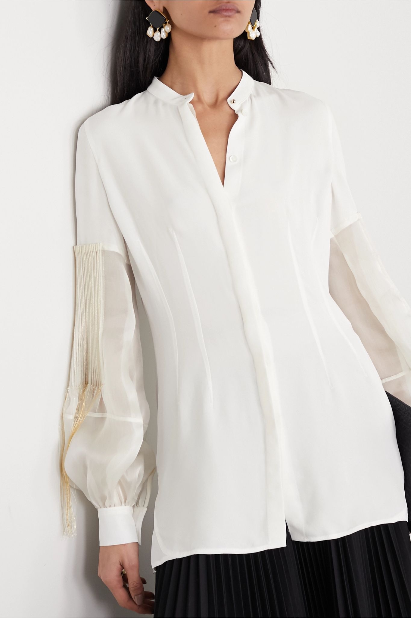 Crepe de chine and pleated embroidered silk-chiffon blouse - 3