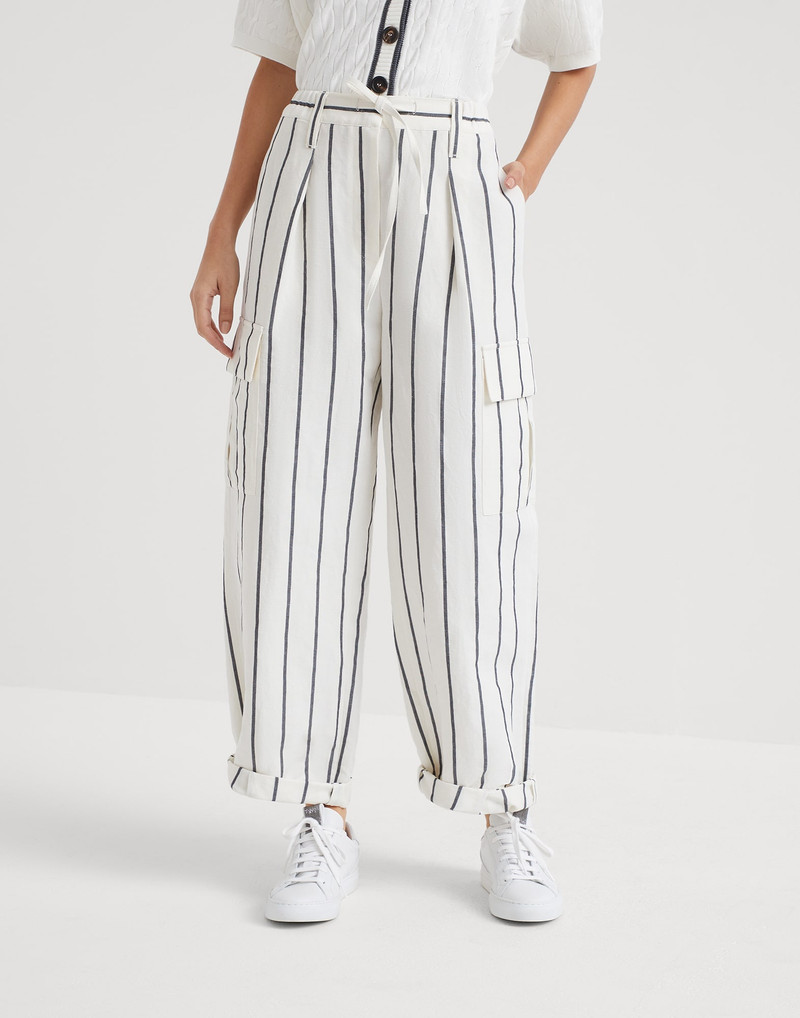 Striped linen and cotton baggy cargo trousers with monili 1