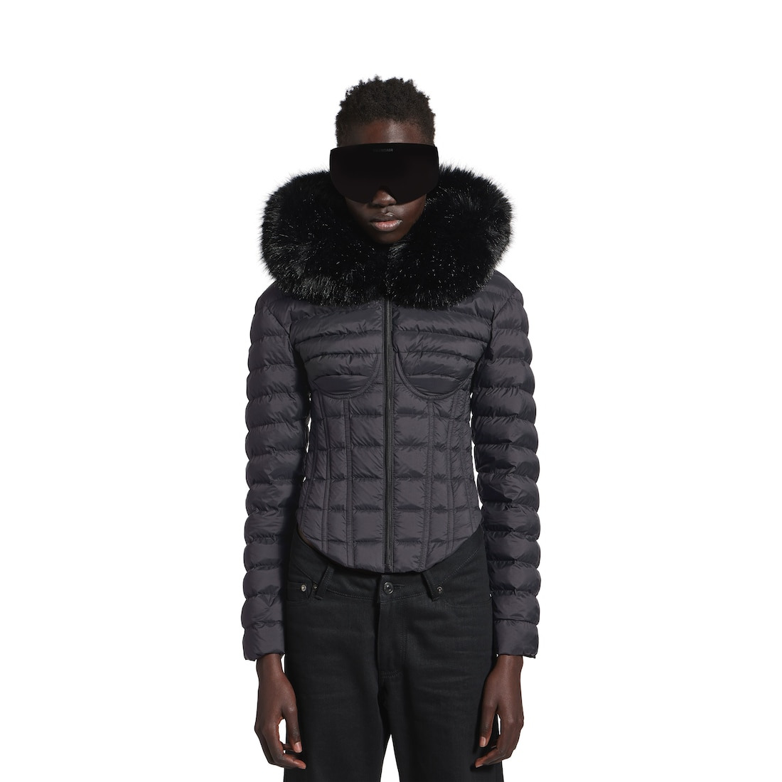 Women's Hooded Corseted Puffer in Black - 5