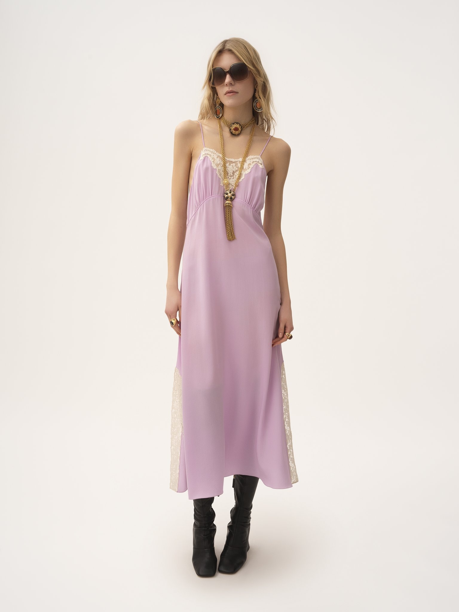 THIN-STRAP MIDI DRESS IN CRÊPE DE CHINE & LACE - 3