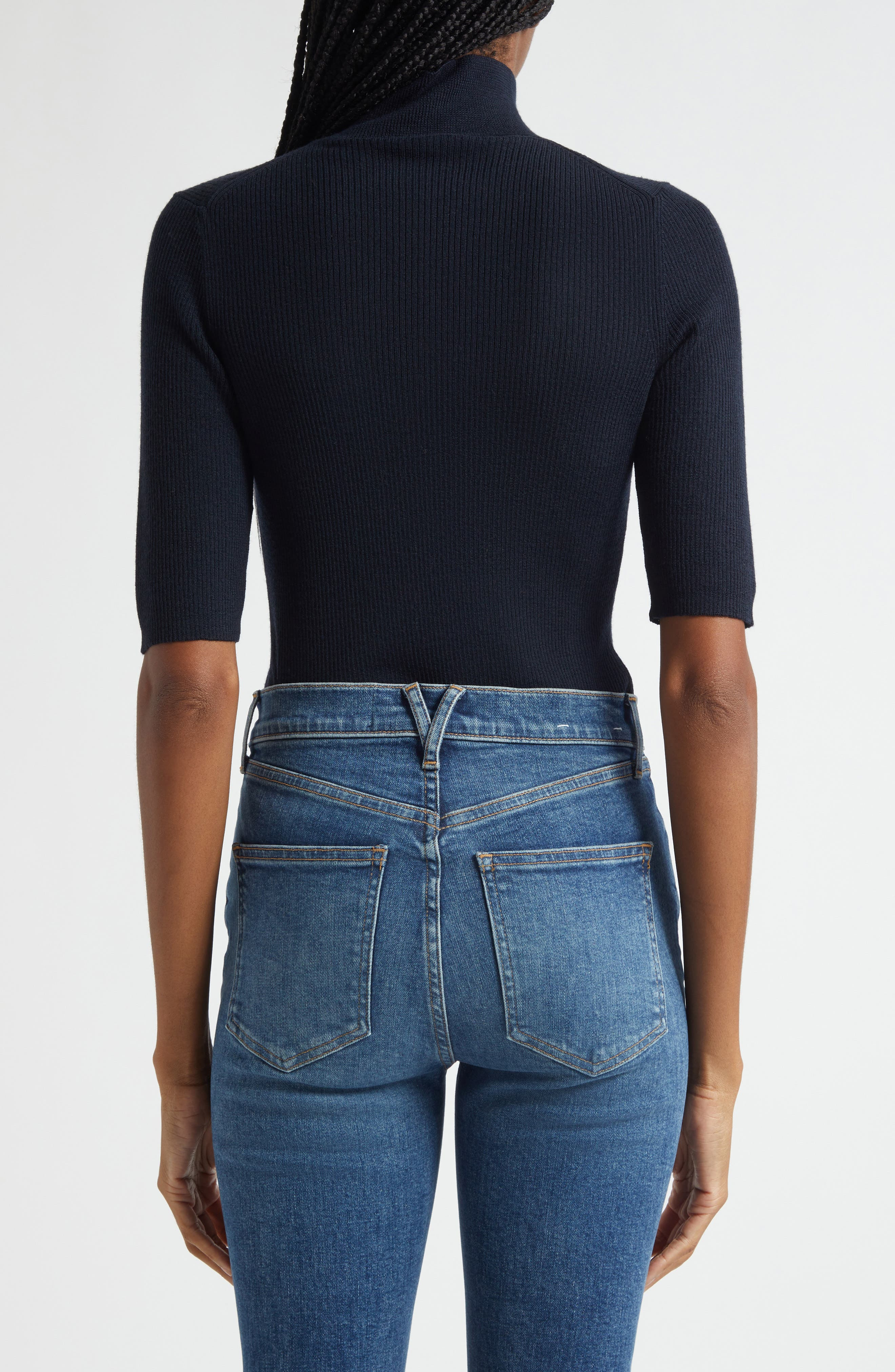 Veronica Beard Alastair Rib Short Sleeve Merino Wool Sweater in Navy at Nordstrom - 2