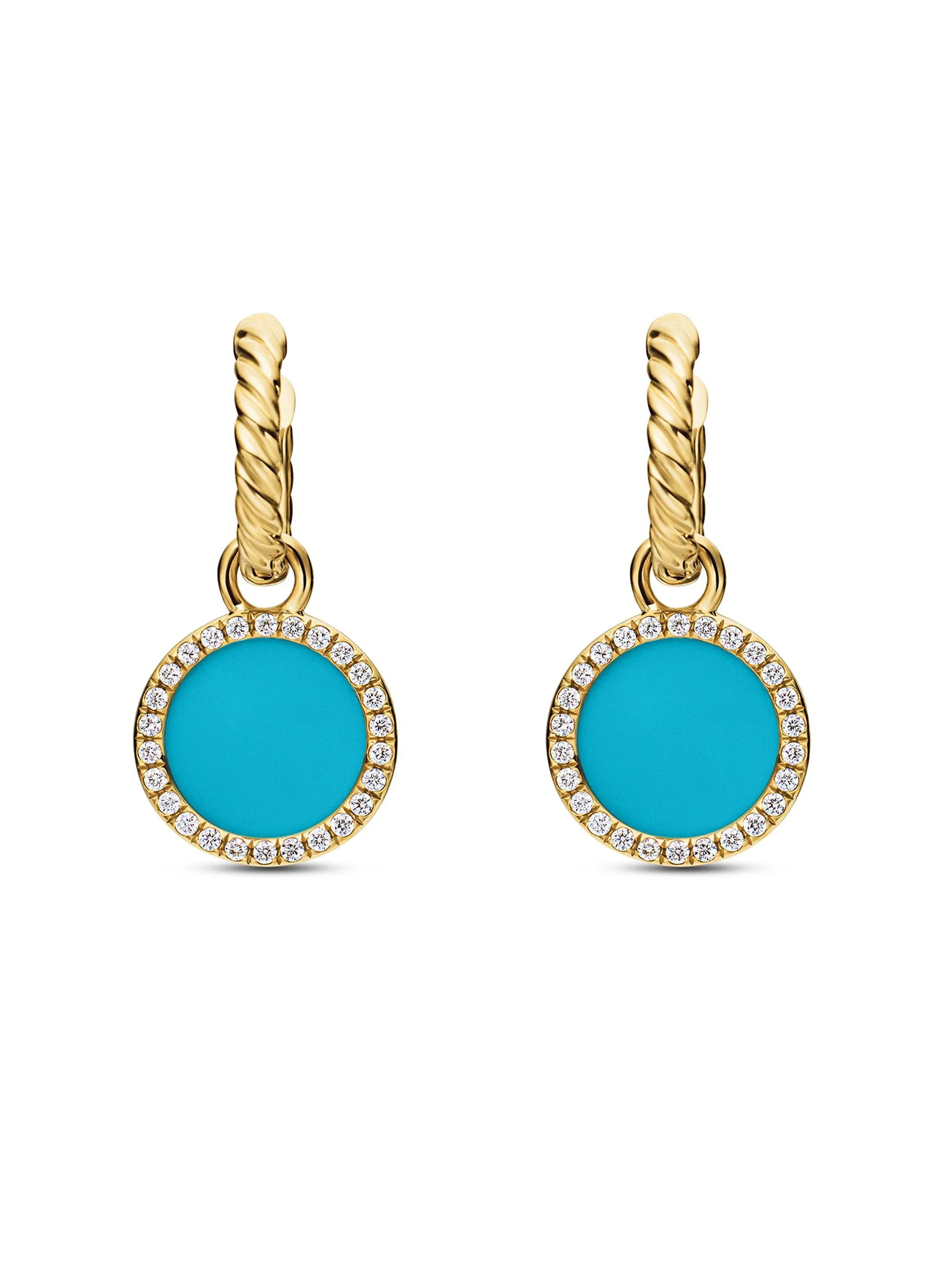 Women's Petite DY Elements Drop Earrings in 18K Yellow Gold with Pavé Diamonds - Turquoise - 1