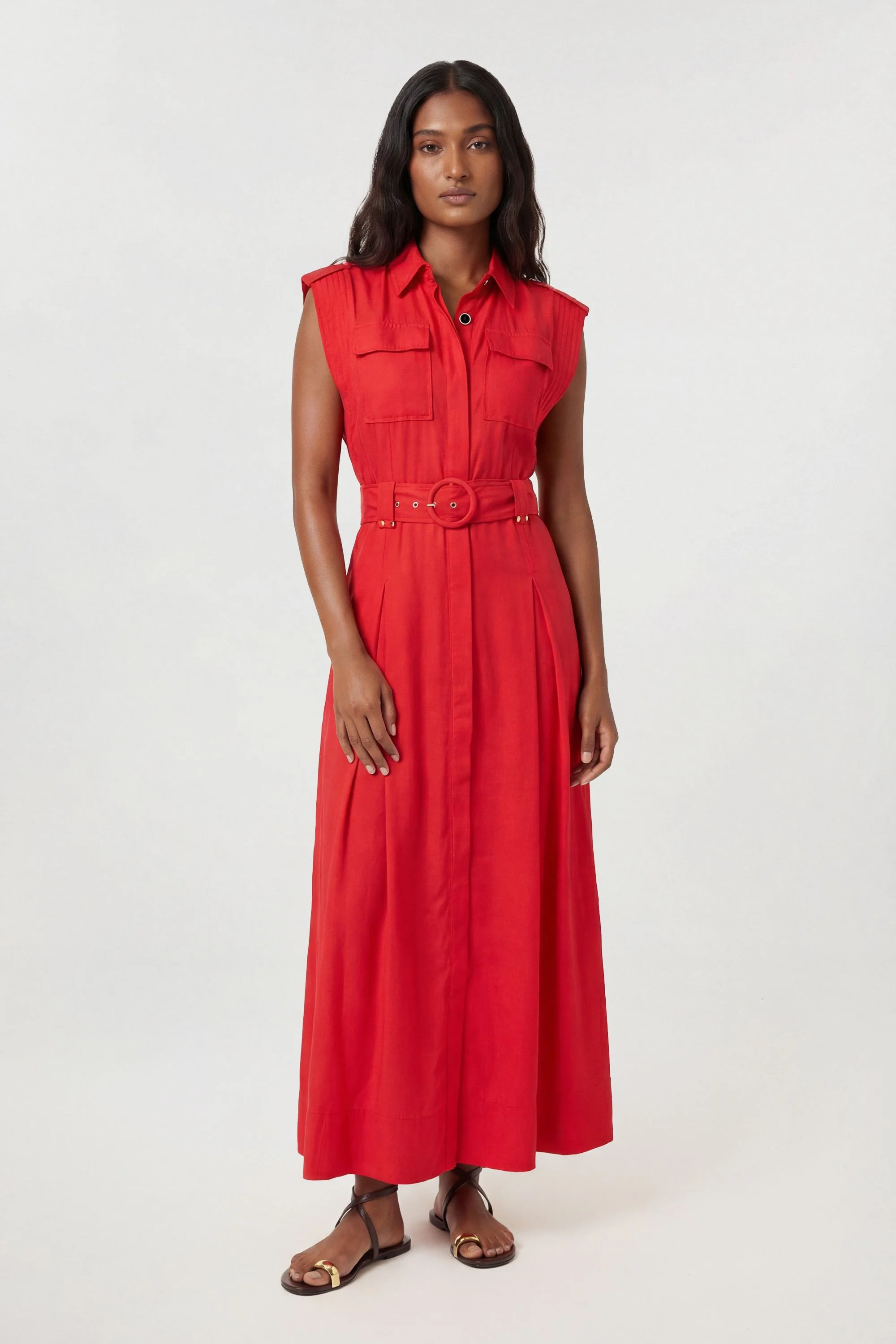 Premium Viscose Linen Belted Woven Midaxi Dress With Gold Hardware Detail - 1