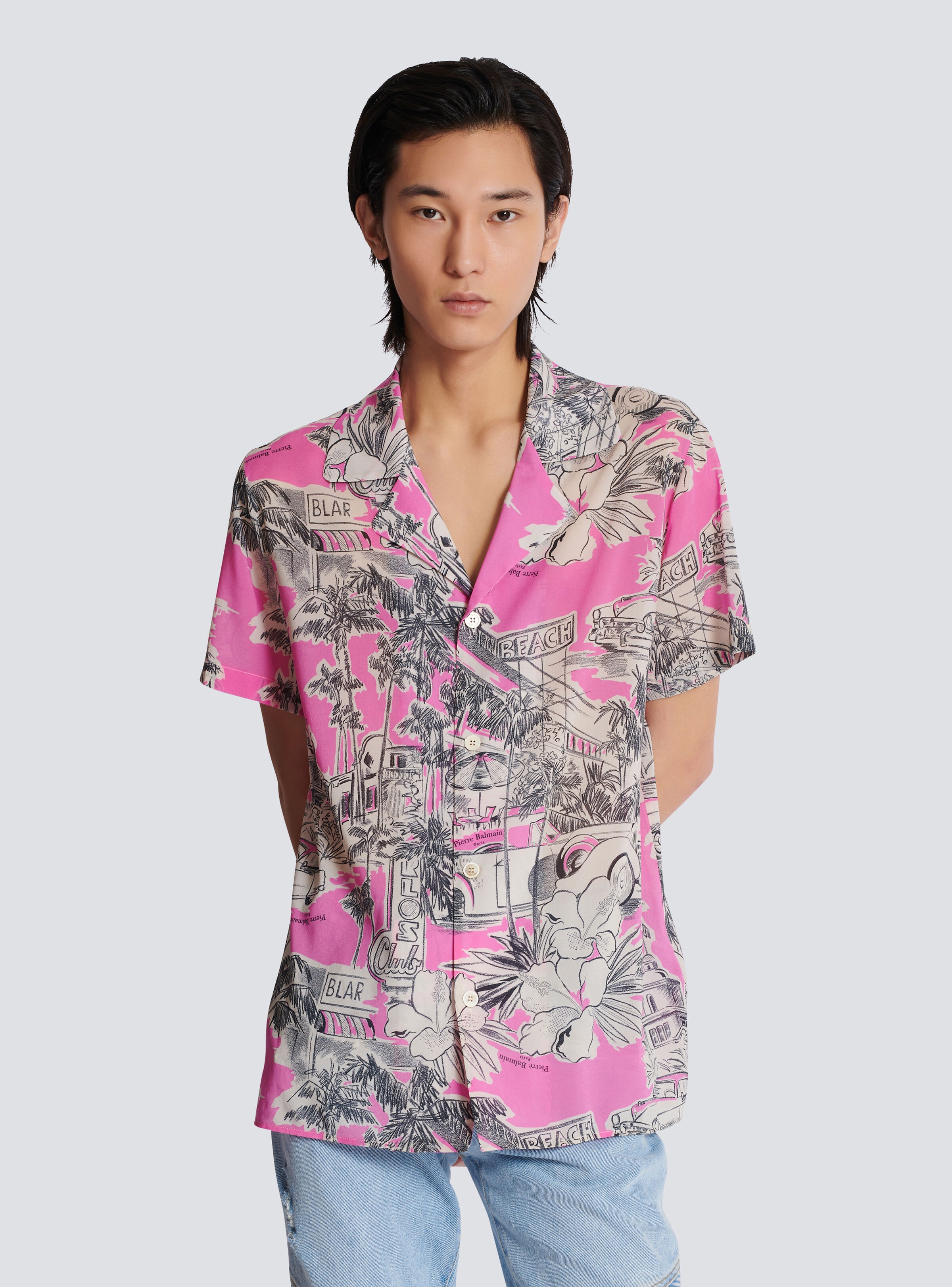Short-sleeved silk pyjama shirt with Miami print - 6