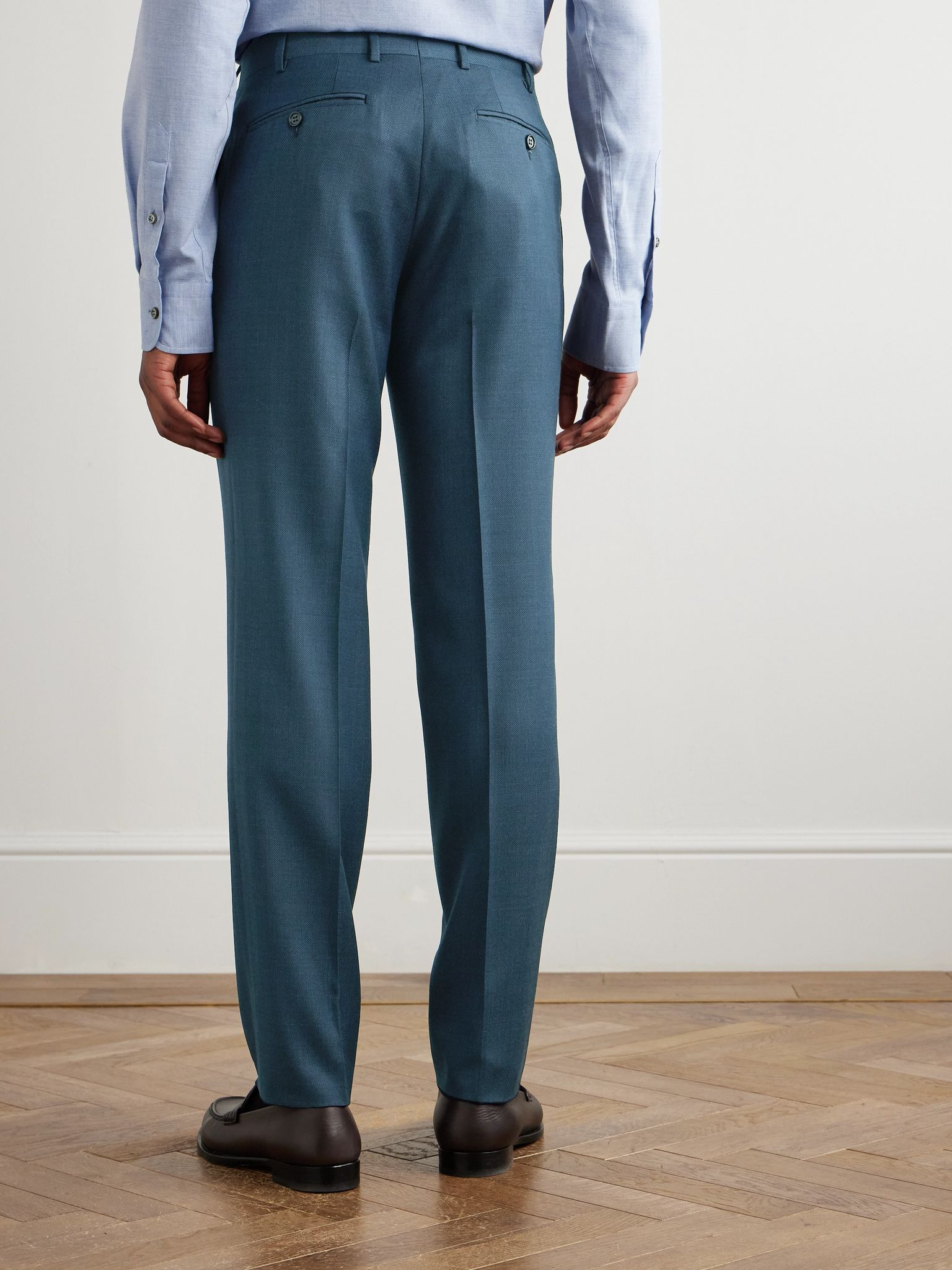Tapered Pleated Checked Wool Suit Trousers Blue - 4