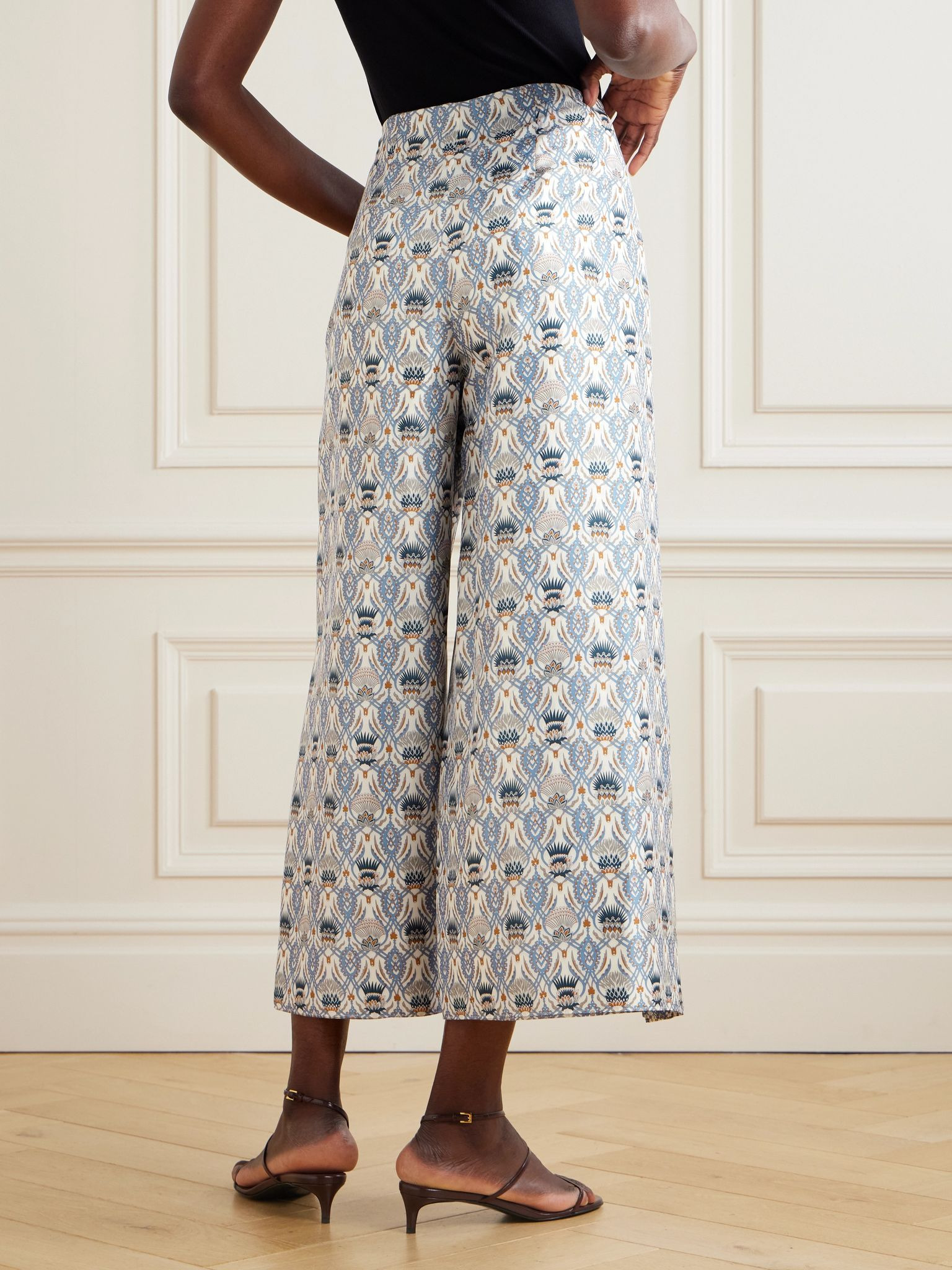 Maynard cropped layered printed silk-satin wide-leg pants Blue - 4