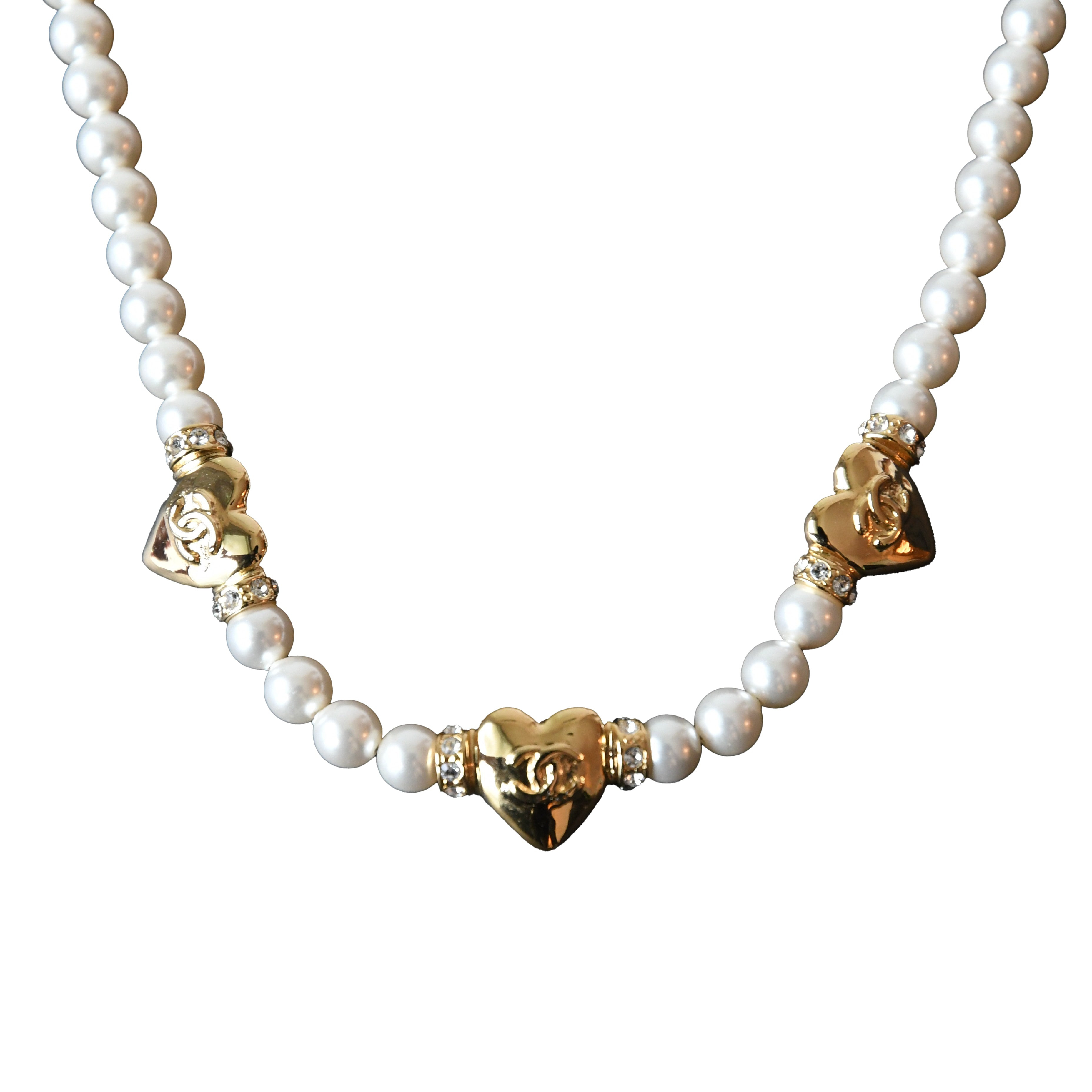 Chanel 24P CC Logo Metal Heart With Crystal Strass Pearl Necklace Gold White - 2