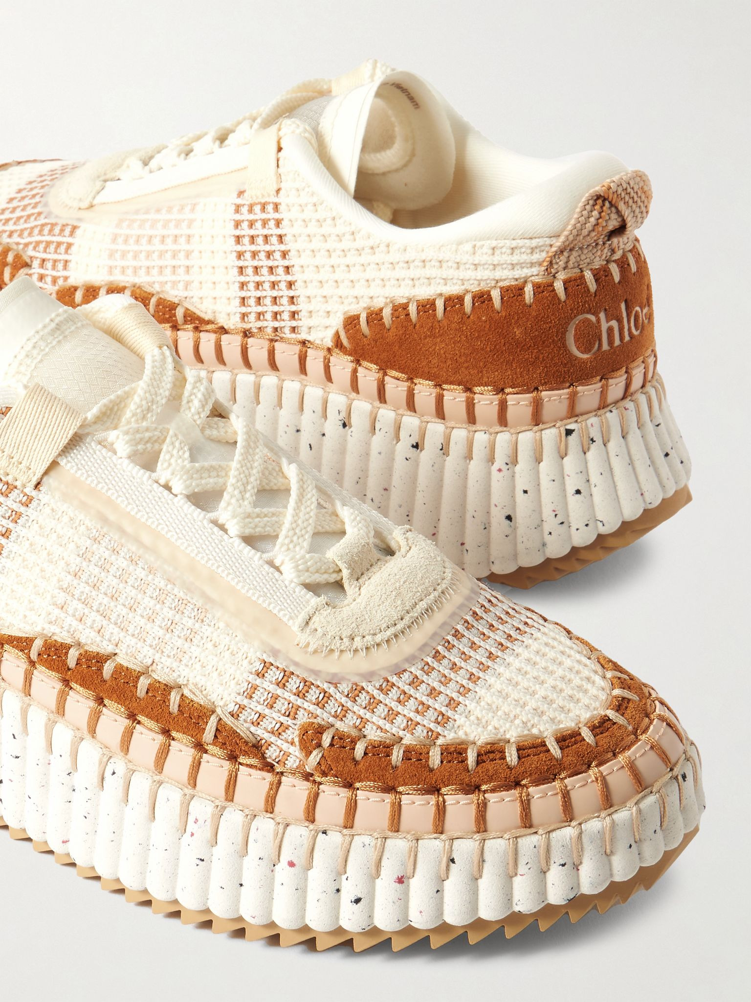 Nama embroidered suede and recycled-mesh sneakers Beige - 4