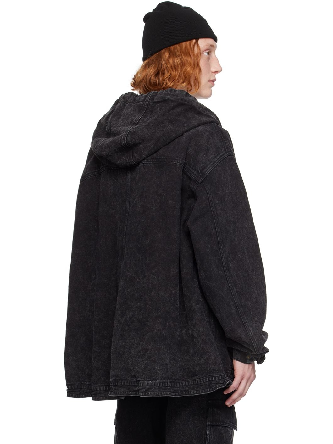 Black Oil-Washed Denim Hoodie - 3