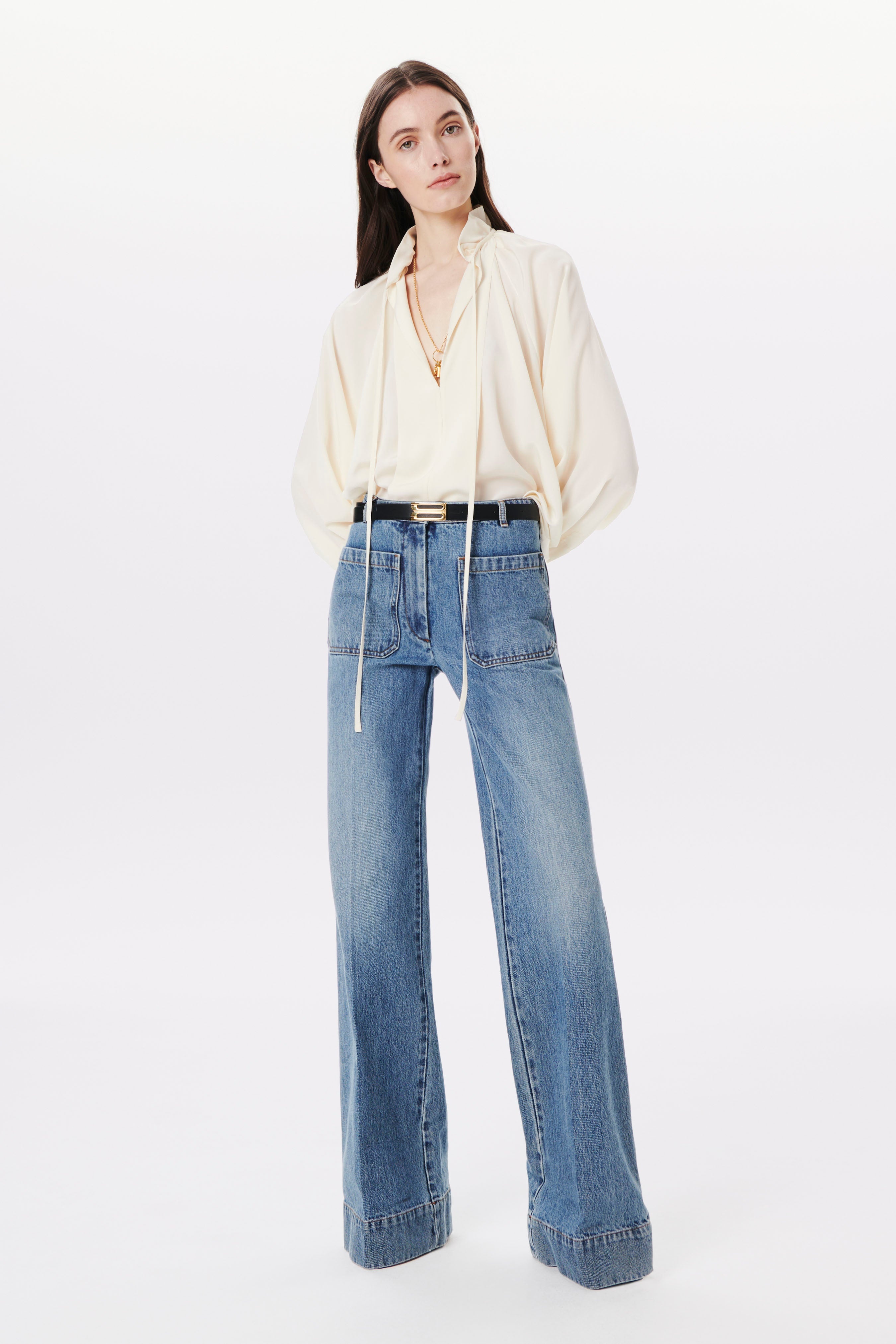 Ruched-neck Ruffle Blouse in Vanilla - 2