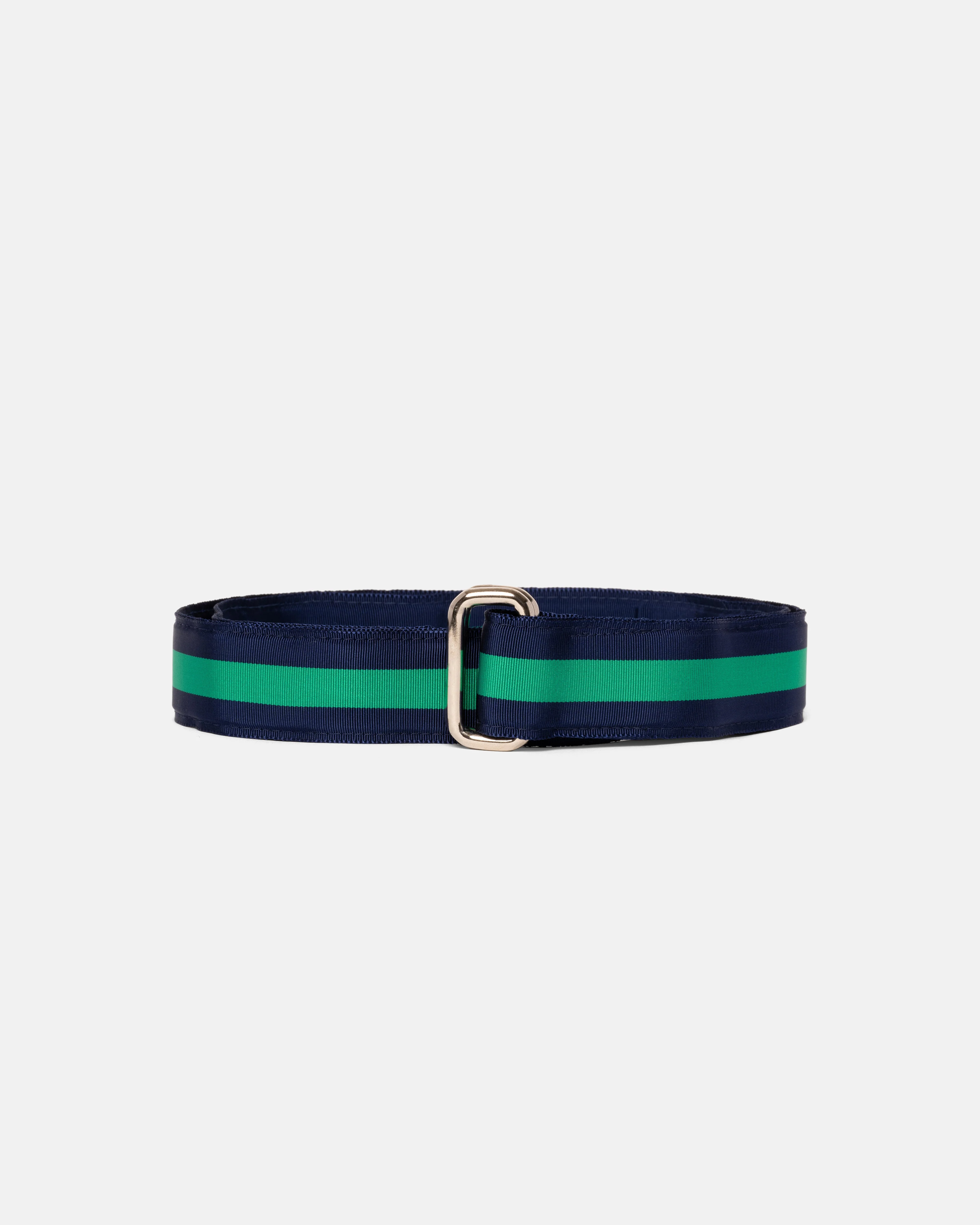 MADE-IN-USA NAVY & GREEN STRIPED GROSGRAIN RIBBON BELT - 1
