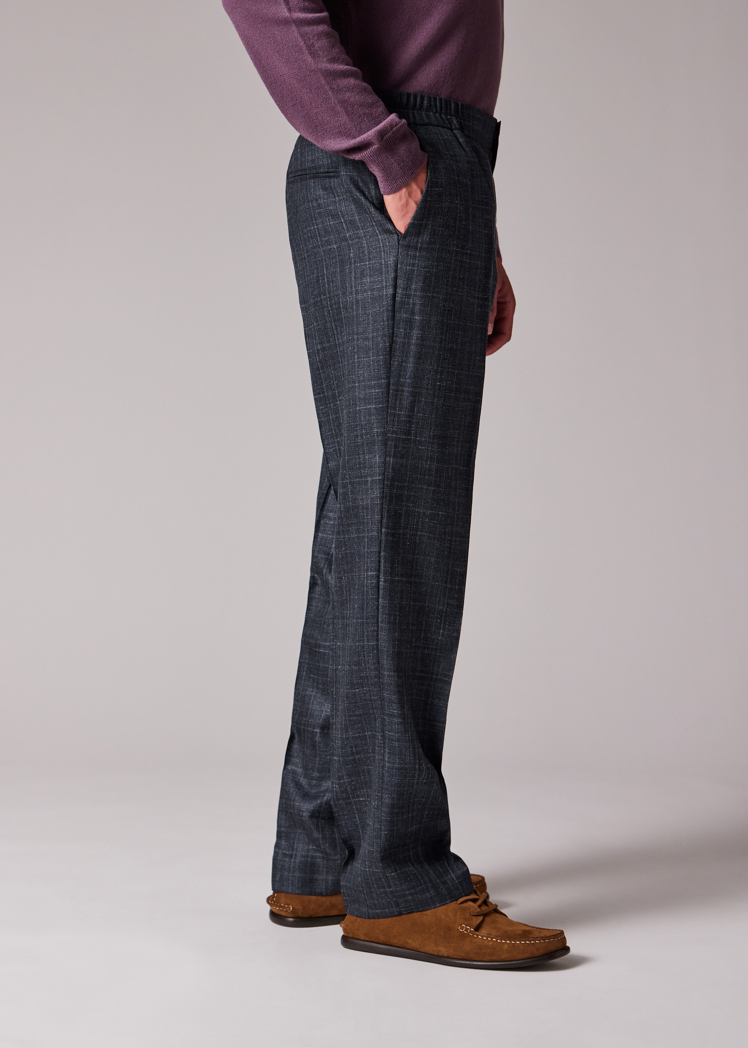 Navy Wool-Silk Elasticated-Waist Trousers - 4