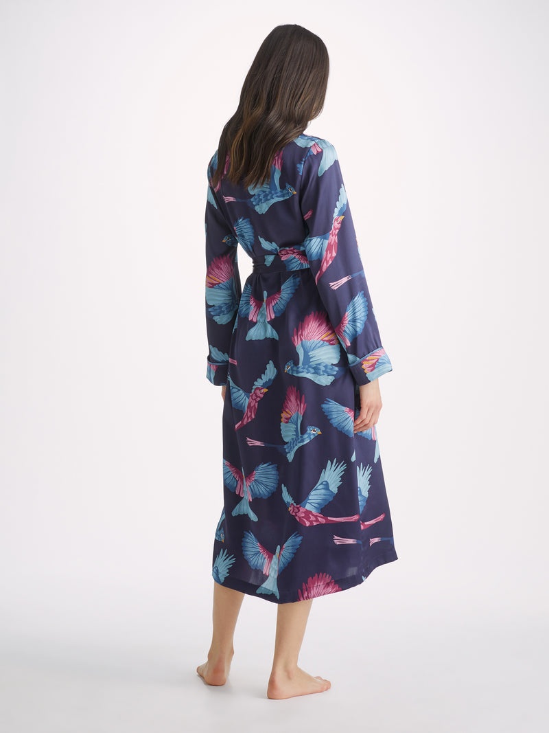 Women's Long Dressing Gown Brindisi 95 Silk Satin Navy - 4