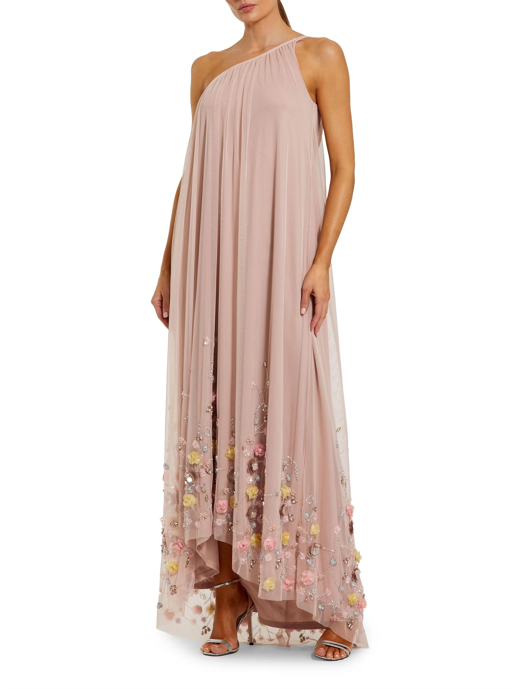 Women's Embellished Mesh One-Shoulder Trapeze Gown - Rose - 1