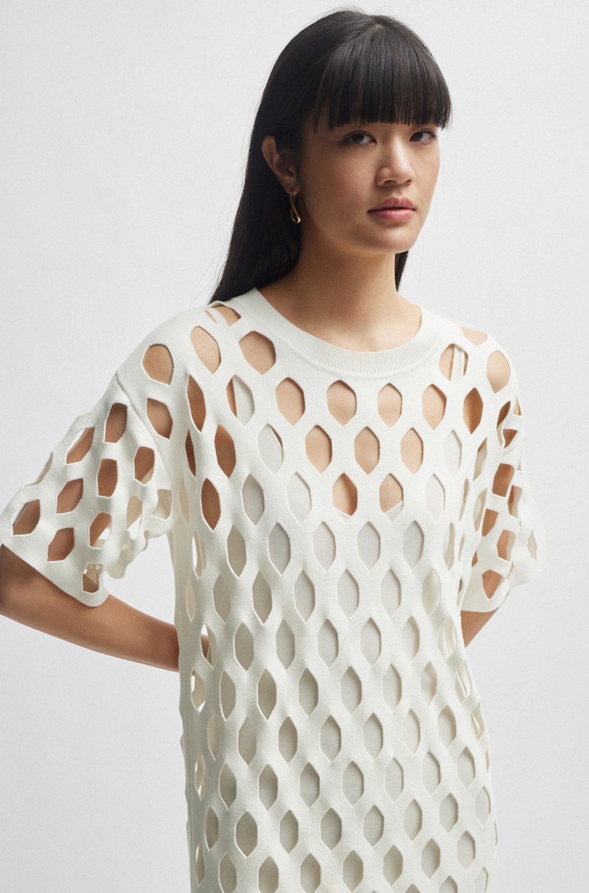 OPEN-STRUCTURED DRESS WITH INNER SLIP AND SHORT SLEEVES - 4