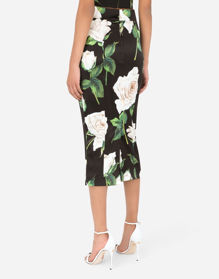 Satin pencil skirt with white rose print - 5