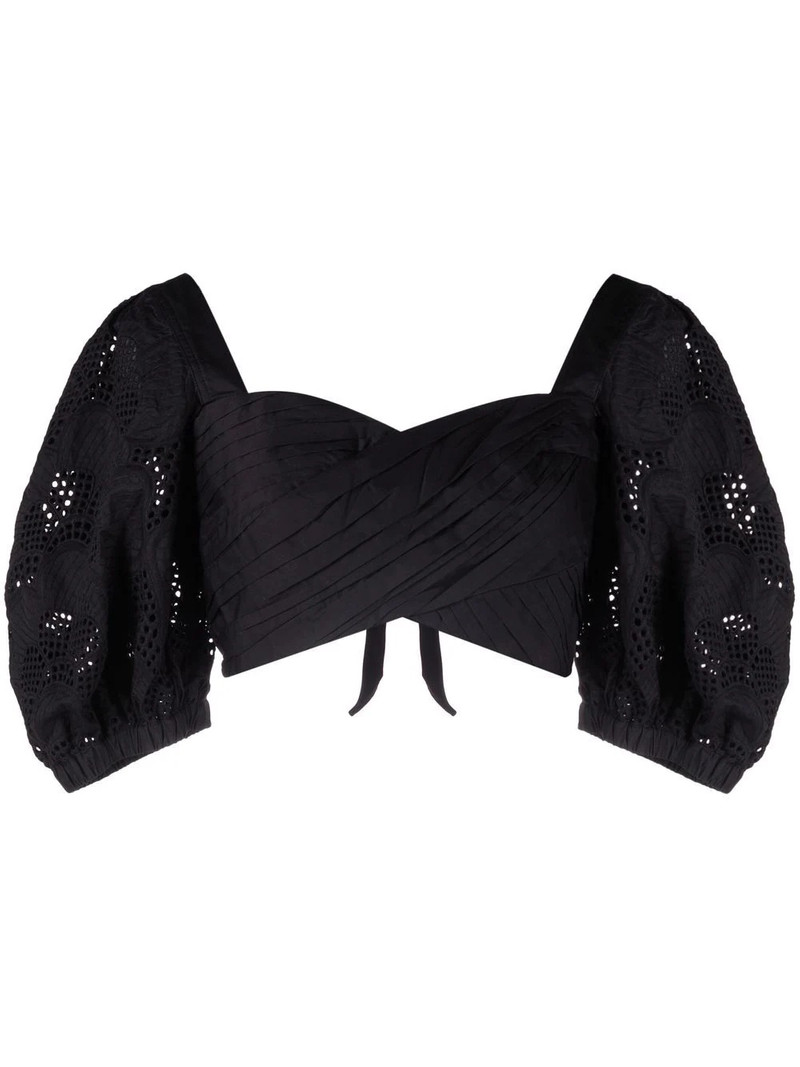 lace puff-sleeves crossover cropped top 1