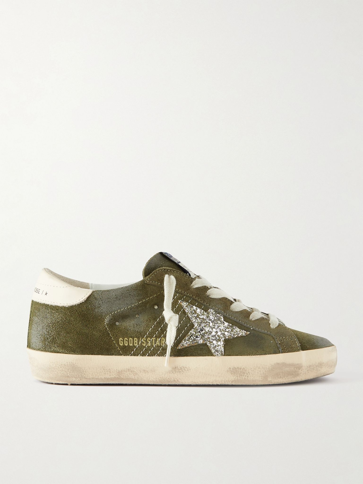 Super-Star leather-trimmed glittered distressed suede sneakers Dark green - 1
