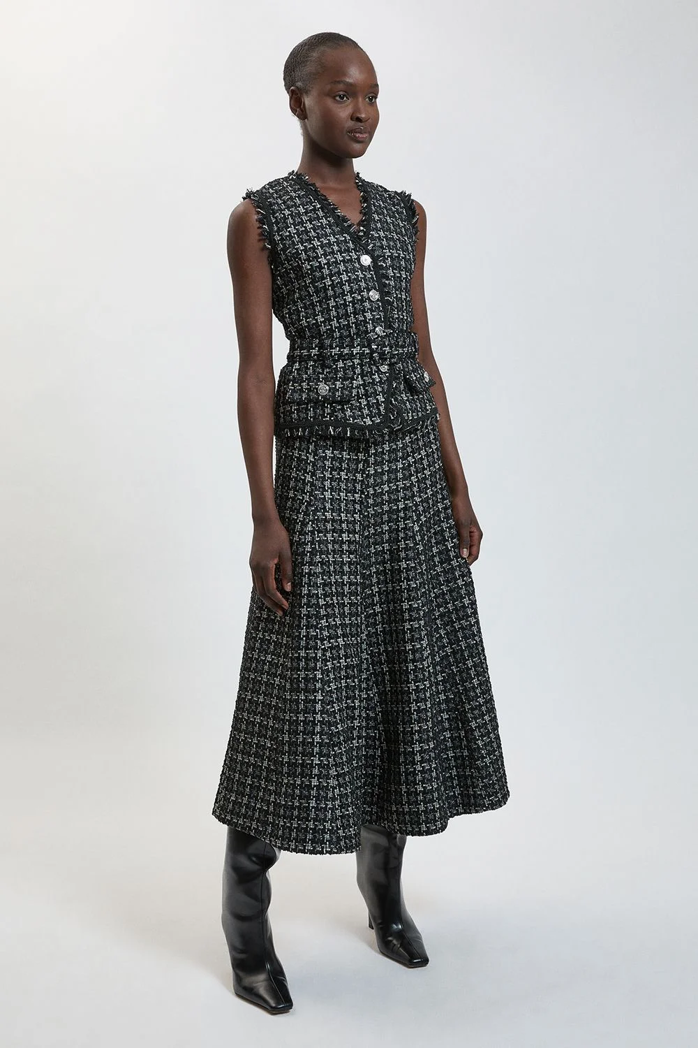 Boucle Tailored Sleeveless Satin Mix Full Skirted Midi Dress - 1