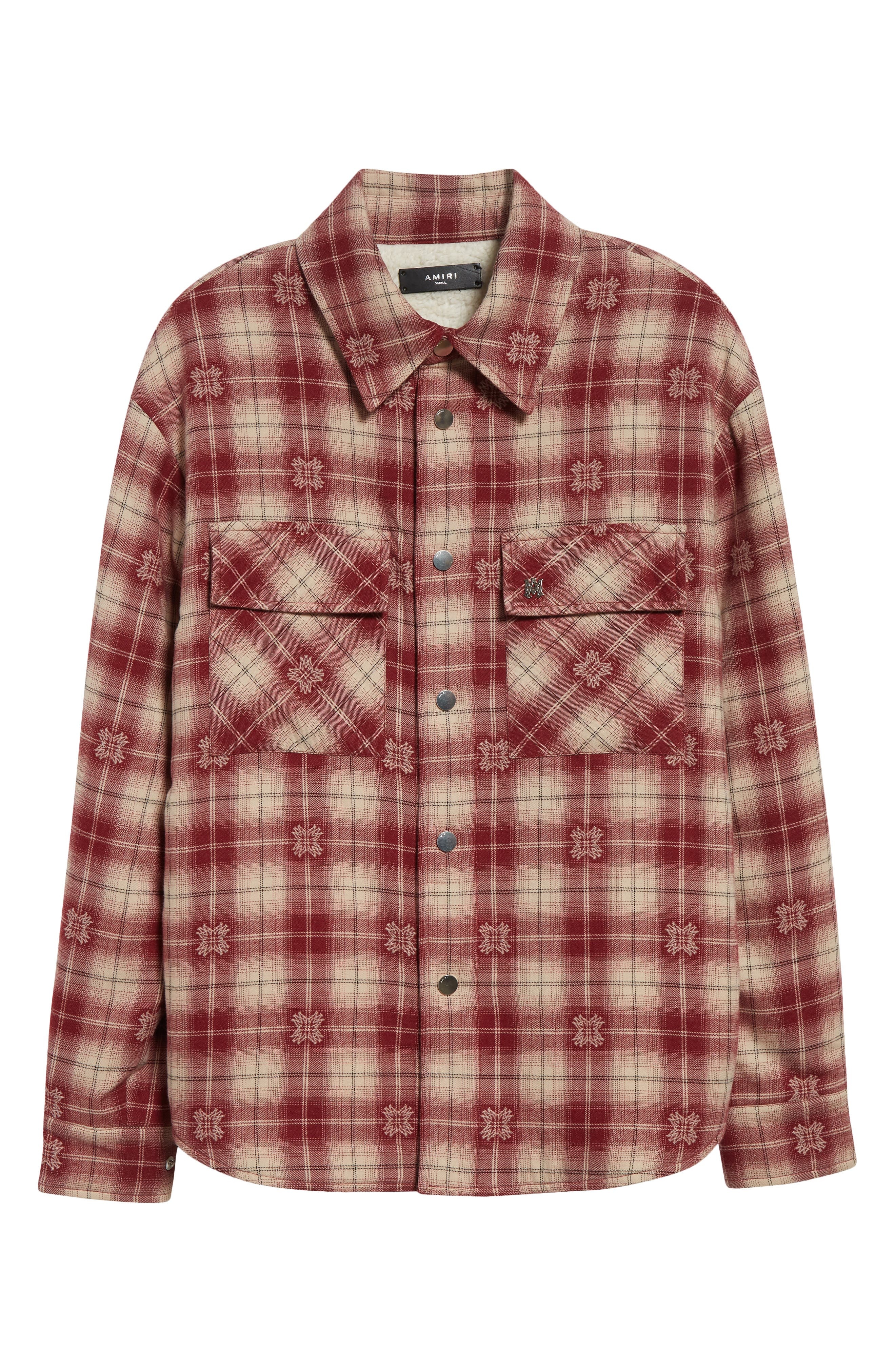 AMIRI Plaid Fleece Lined Cotton Flannel Snap-Up Overshirt in Deep Red at Nordstrom - 6