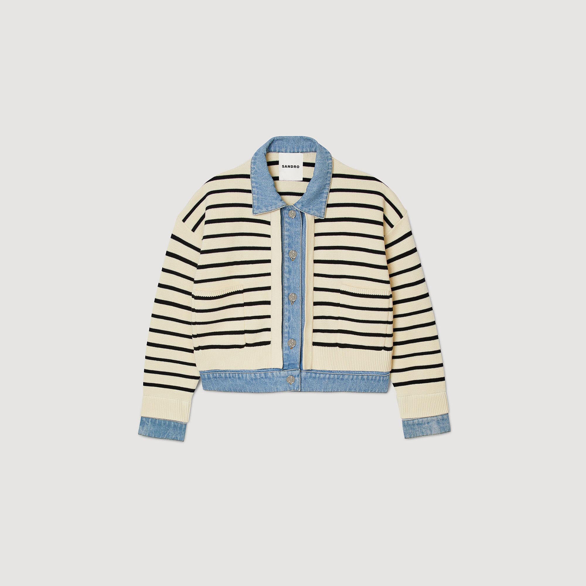 STRIPY KNIT AND DENIM COATIGAN - 1