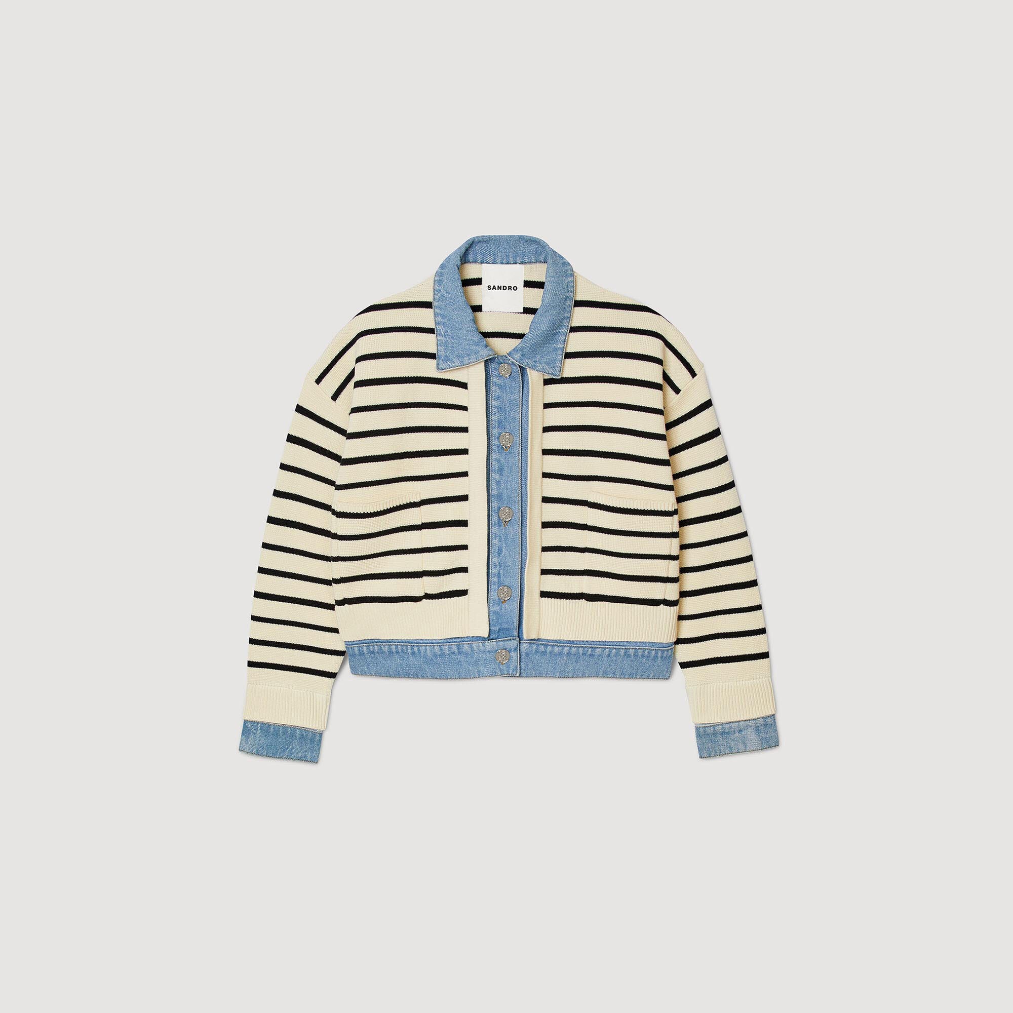 STRIPY KNIT AND DENIM COATIGAN - 1