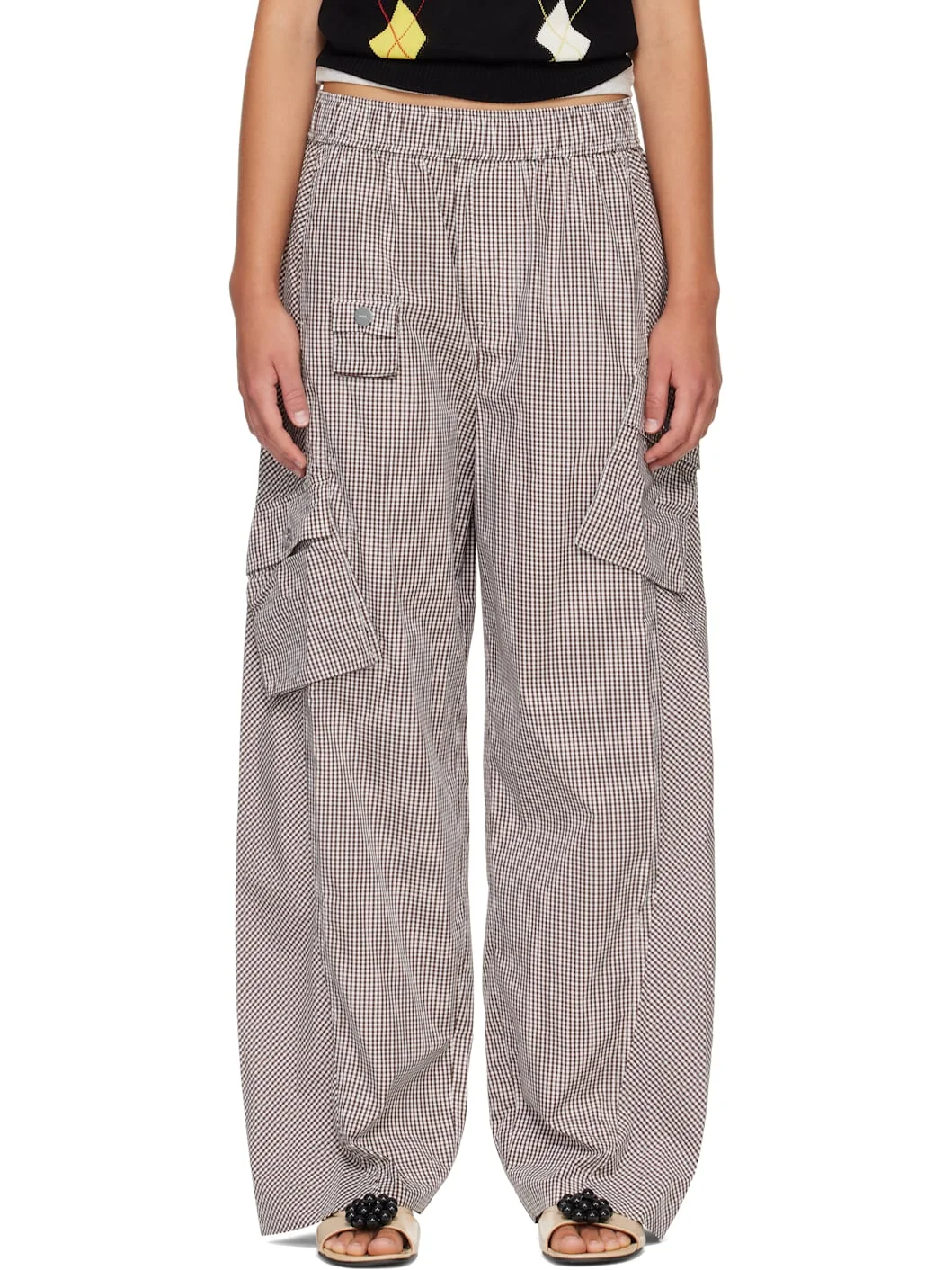 Brown & White Check Cotton Cargo Pants - 1