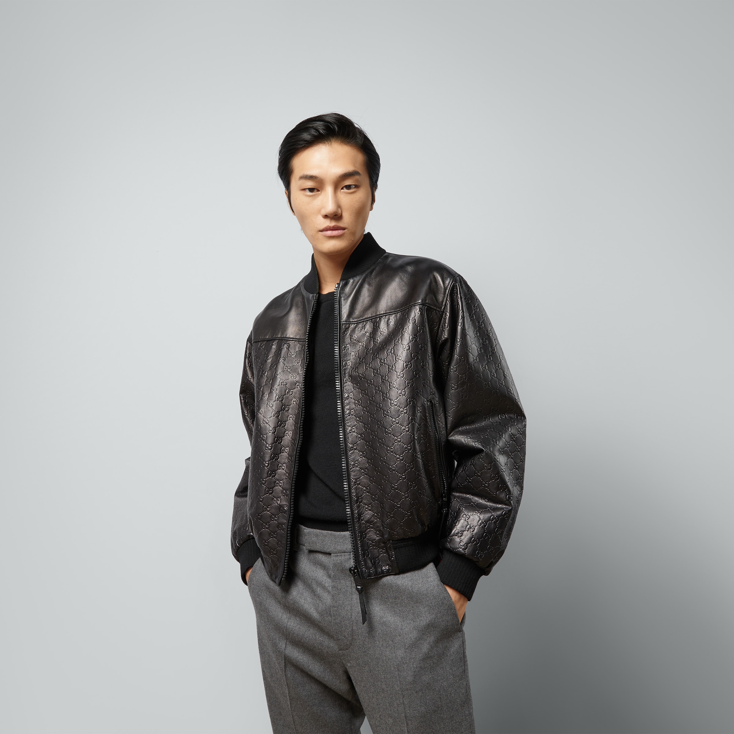GG embossed leather bomber jacket - 5