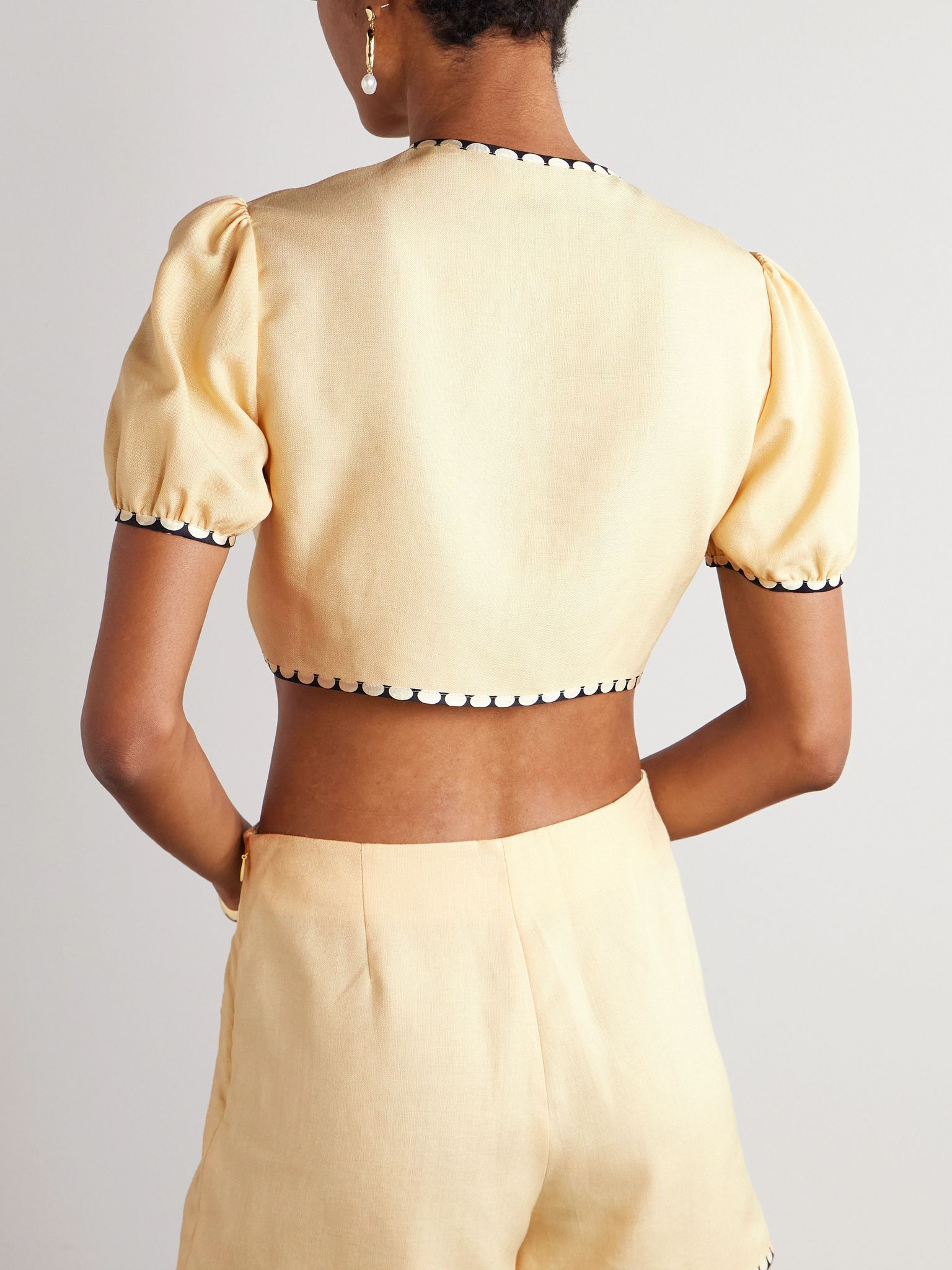 Cropped embroidered polka-dot silk-trimmed canvas top Cream - 3