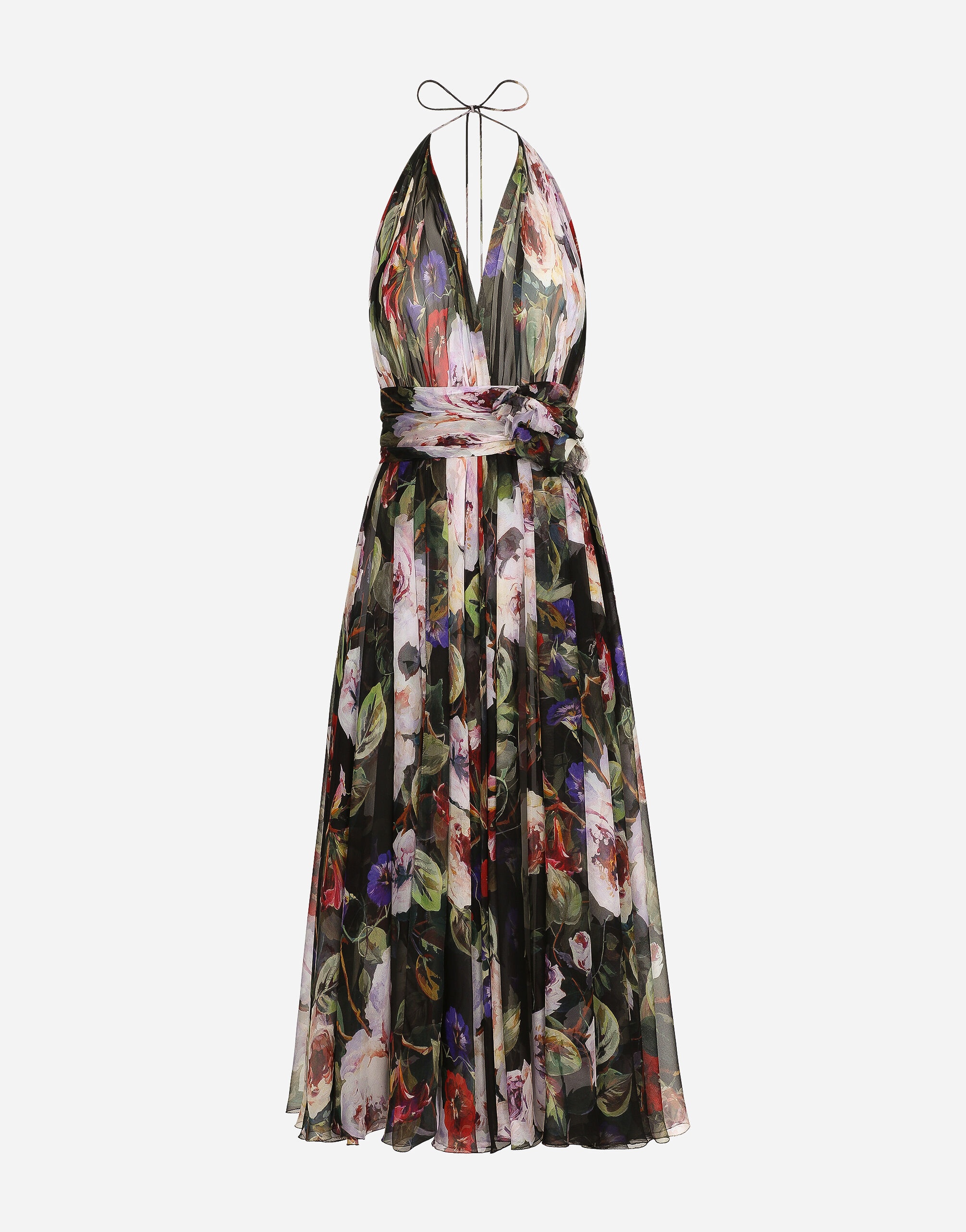 Chiffon calf-length dress with rose garden print - 1