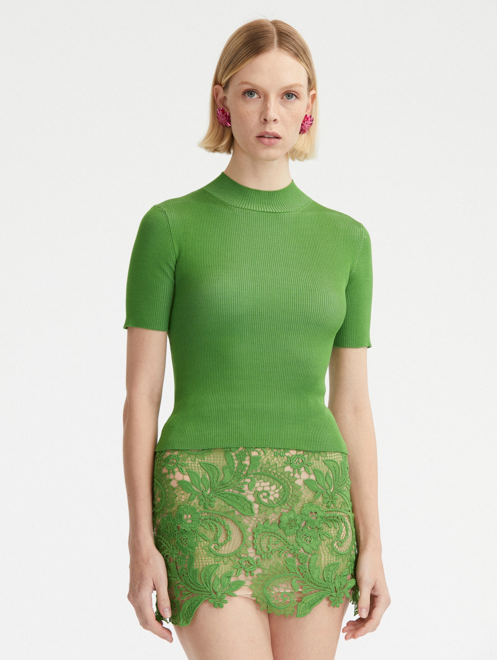 SHORT SLEEVE MOCK NECK RIBBED PULLOVER - 2