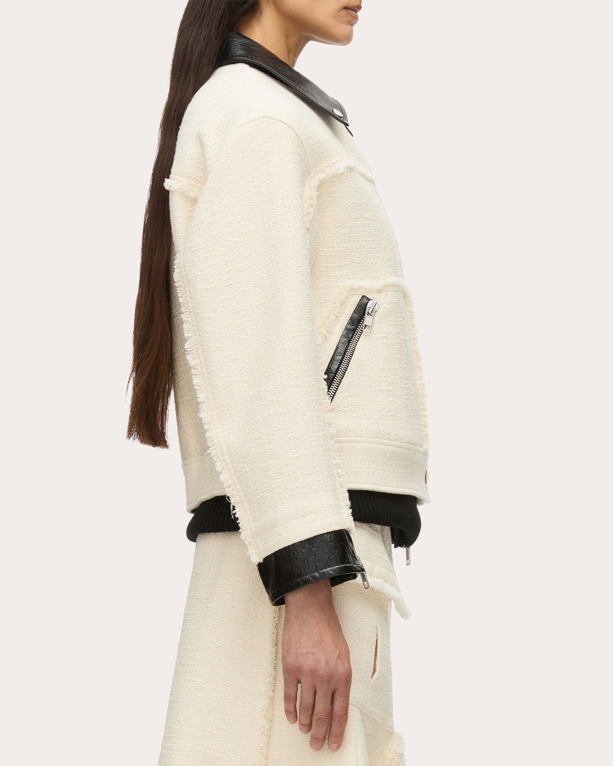 Layered Faux Leather-Trim Tweed Jacket - 3