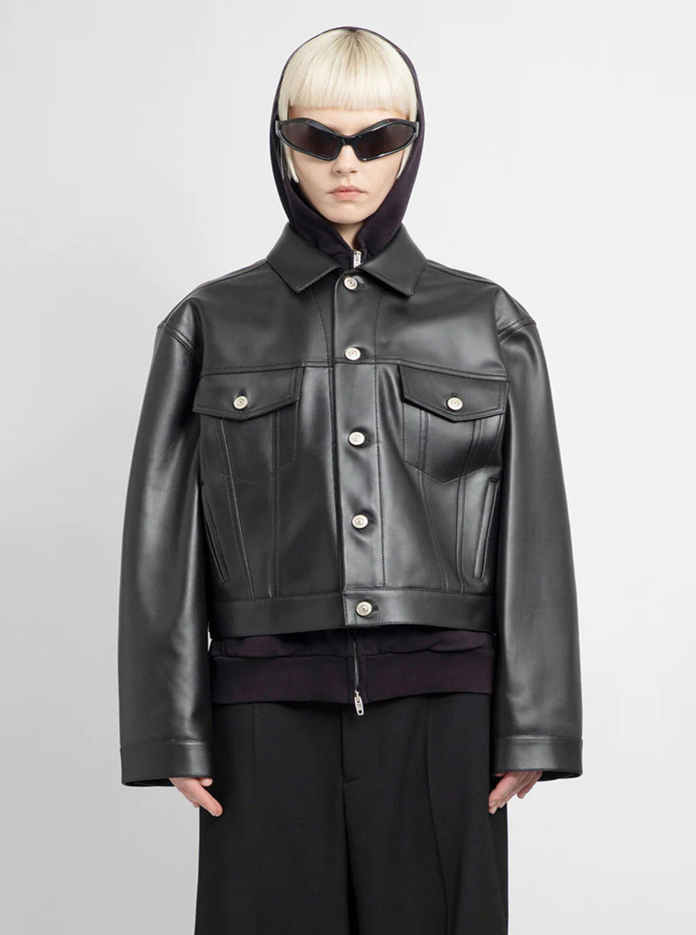 Balenciaga Women Black Cropped Jacket With Silver-Tone Branded Buttons In Super Smooth Leather Woman - 4