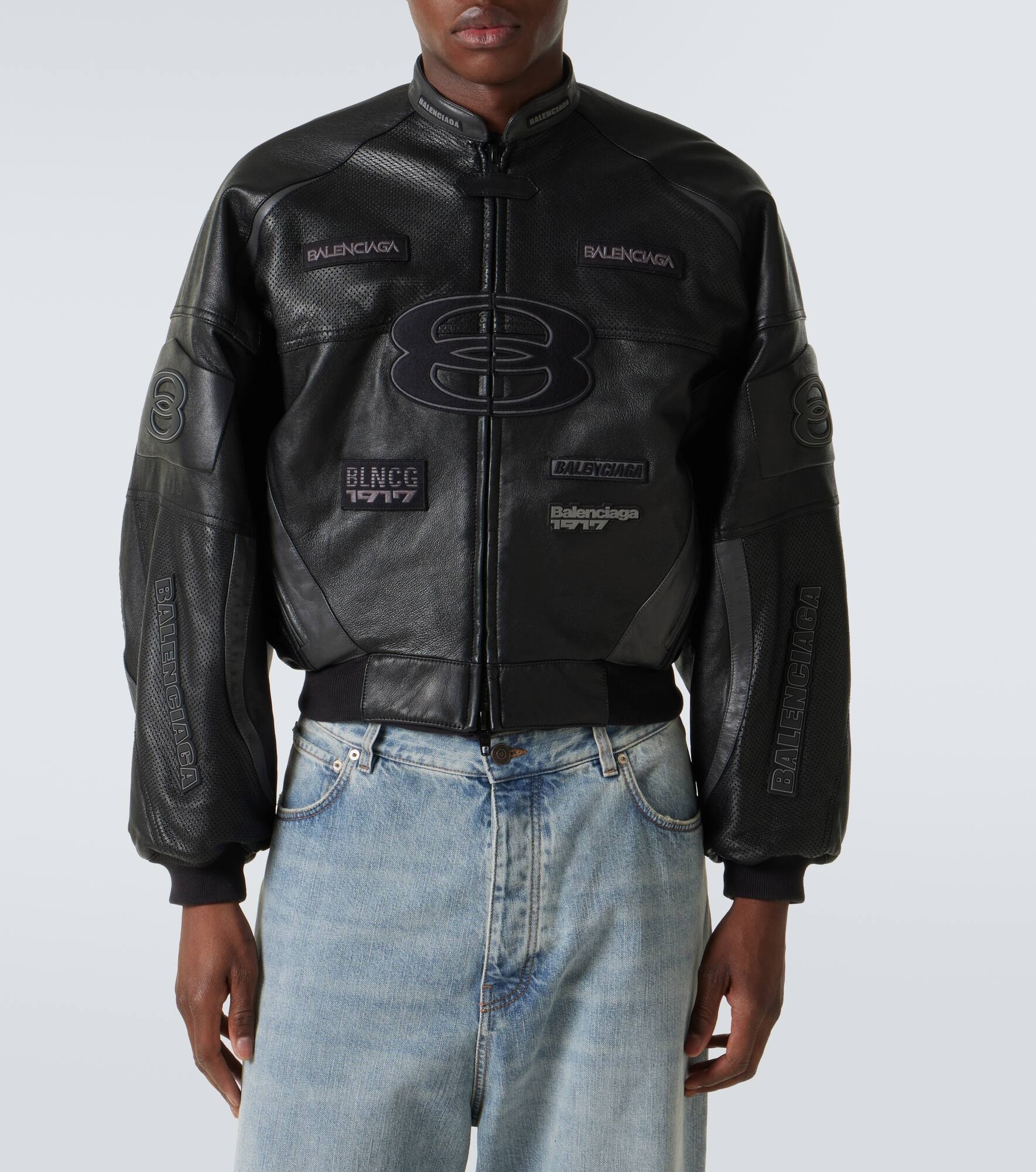 Round leather biker jacket - 3