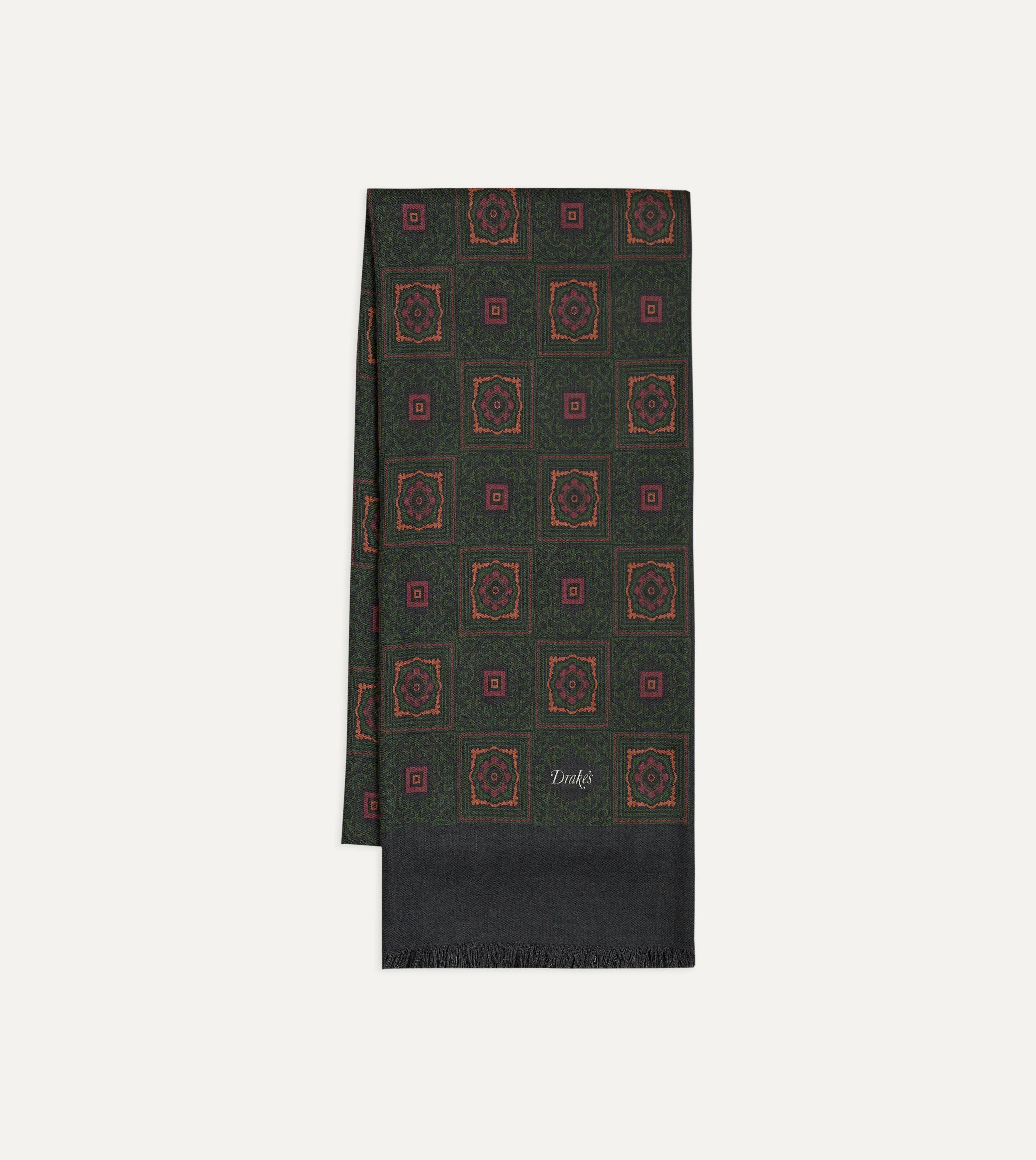 Dark Green and Brown Medallion Print Tubular Wool-Silk Scarf - 1