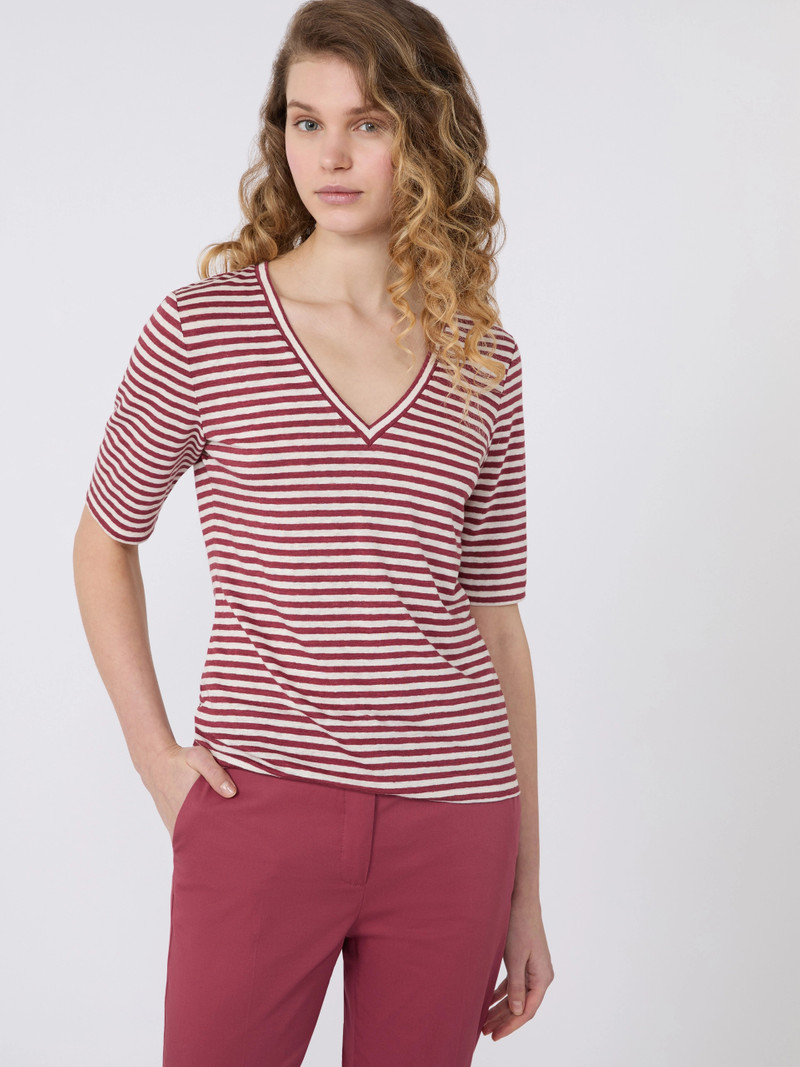 OPZIONE Stretch linen jersey V-neck T-shirt - CHERRY 5