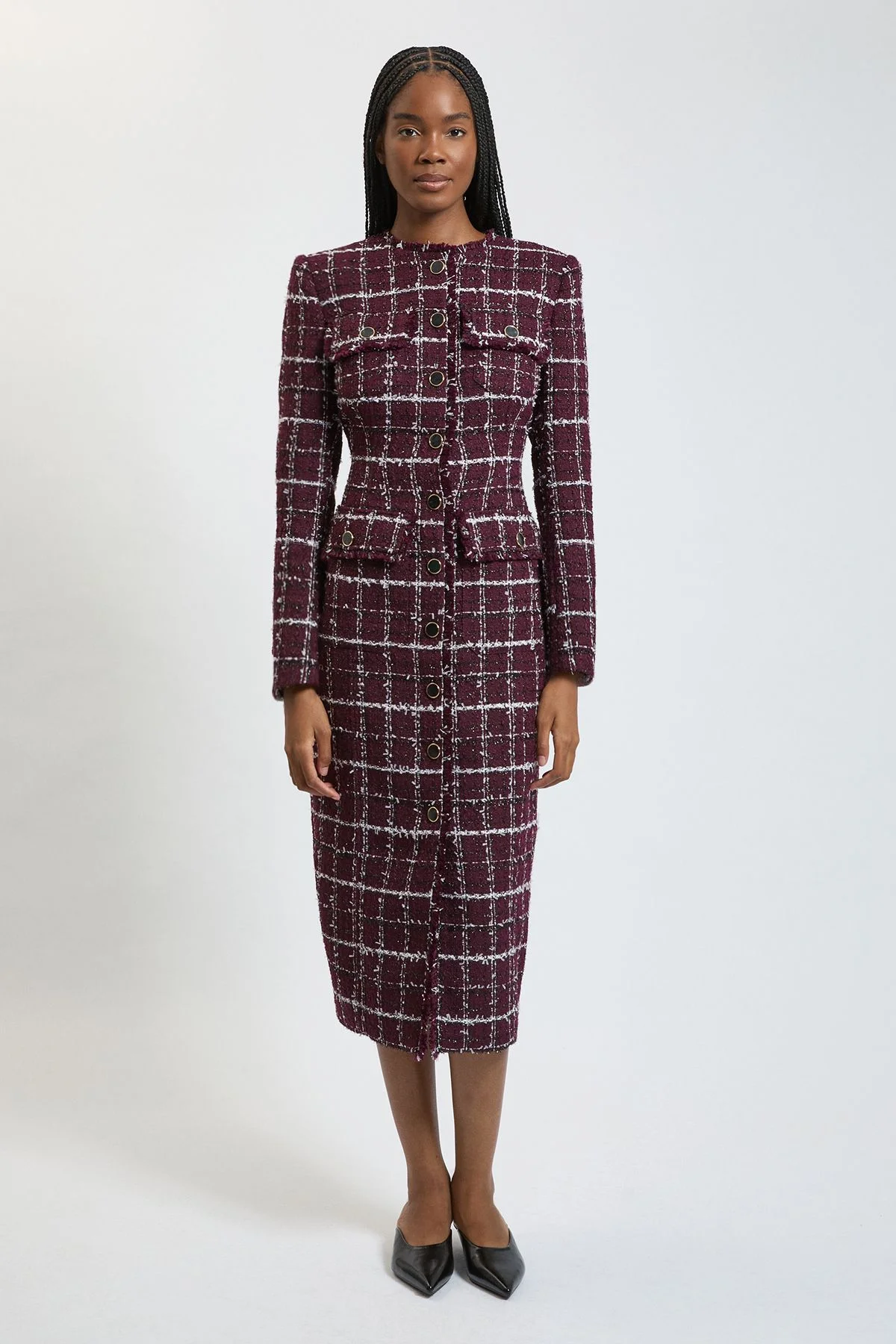 Sparkle Tweed Long Sleeve Tailored Midi Dress - 1