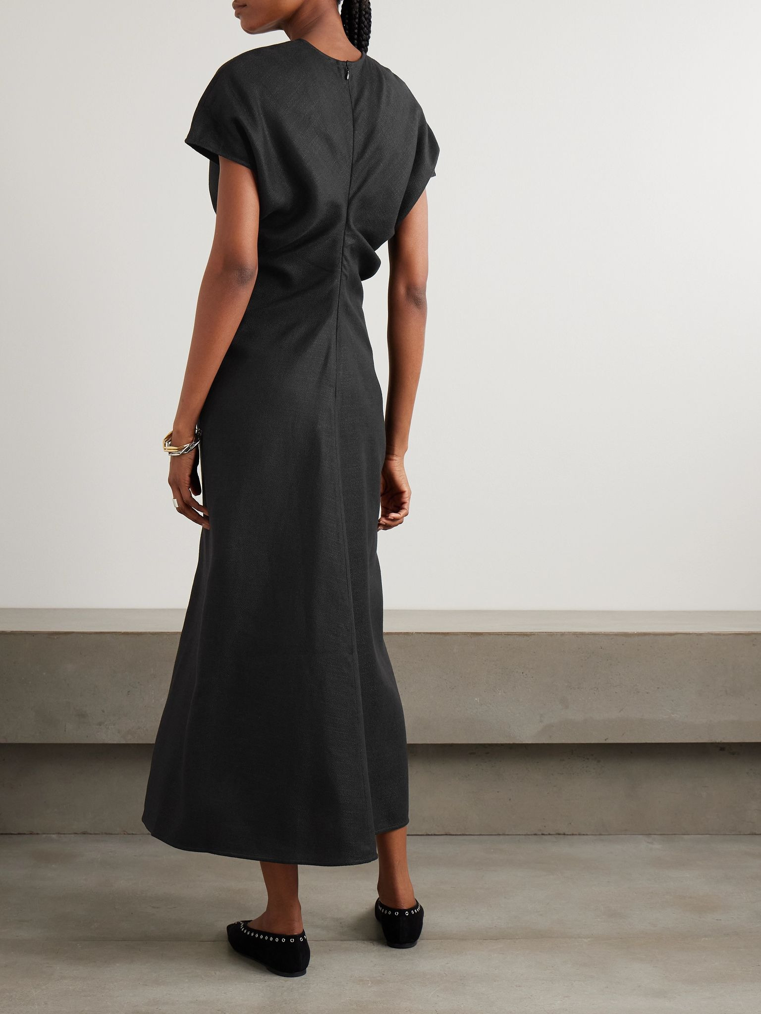 Gathered woven midi dress Black - 3