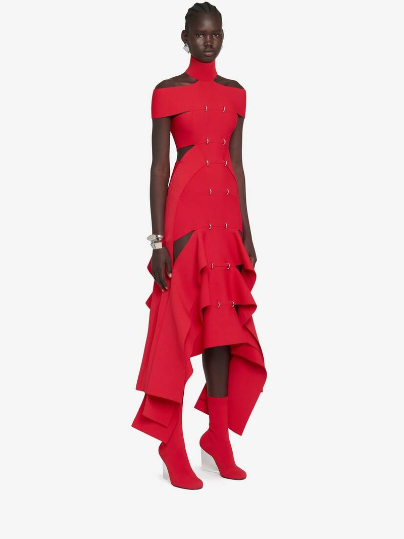 chinese dress ladies 2010 Alexander McQueen Black Crepe & Sheer Illusion Lace High-Low Gown