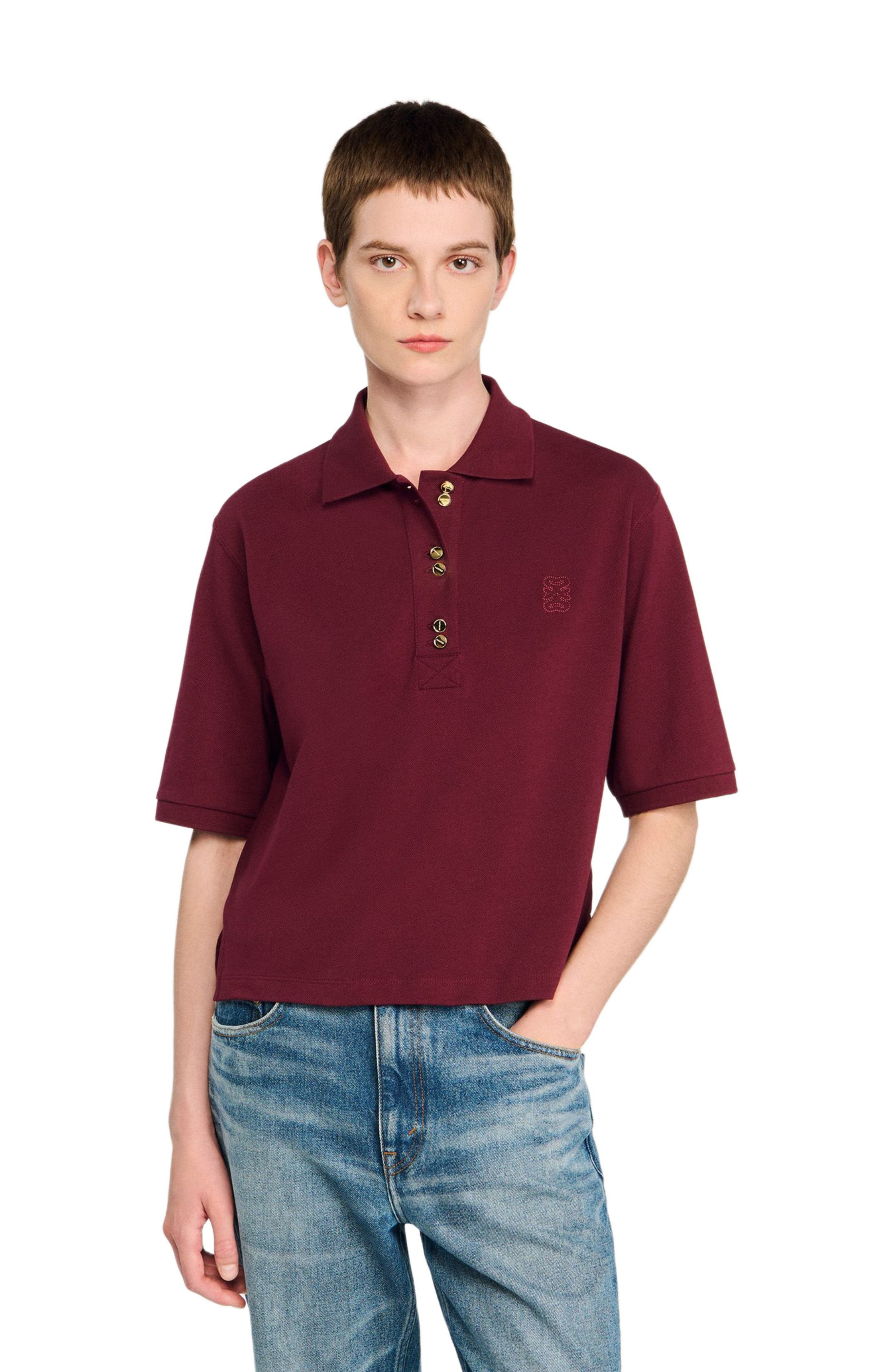 SANDRO Polo shirt with decorative buttons in Bordeaux at Nordstrom - 4
