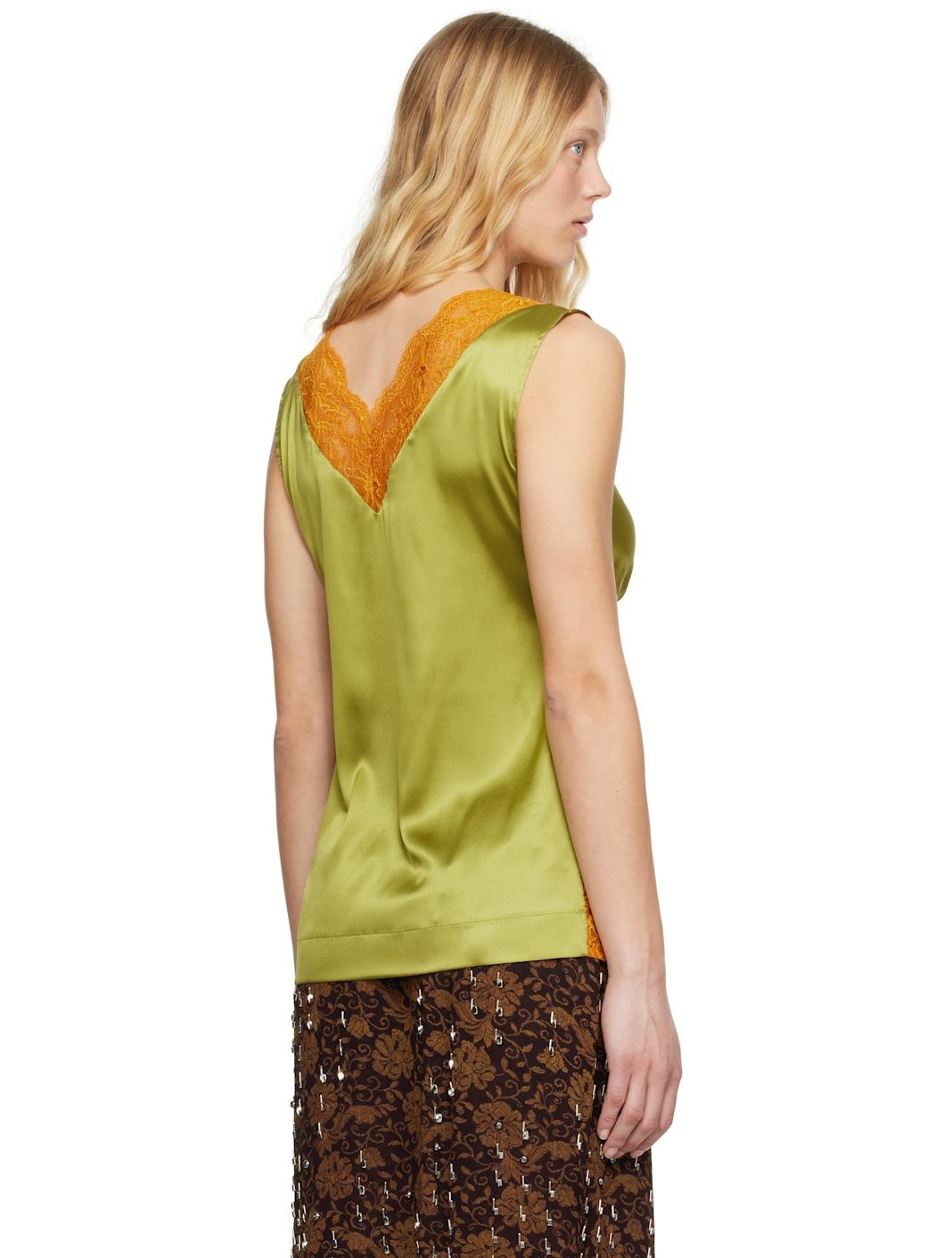 Khaki & Orange Silk Lace Tank Top - 3