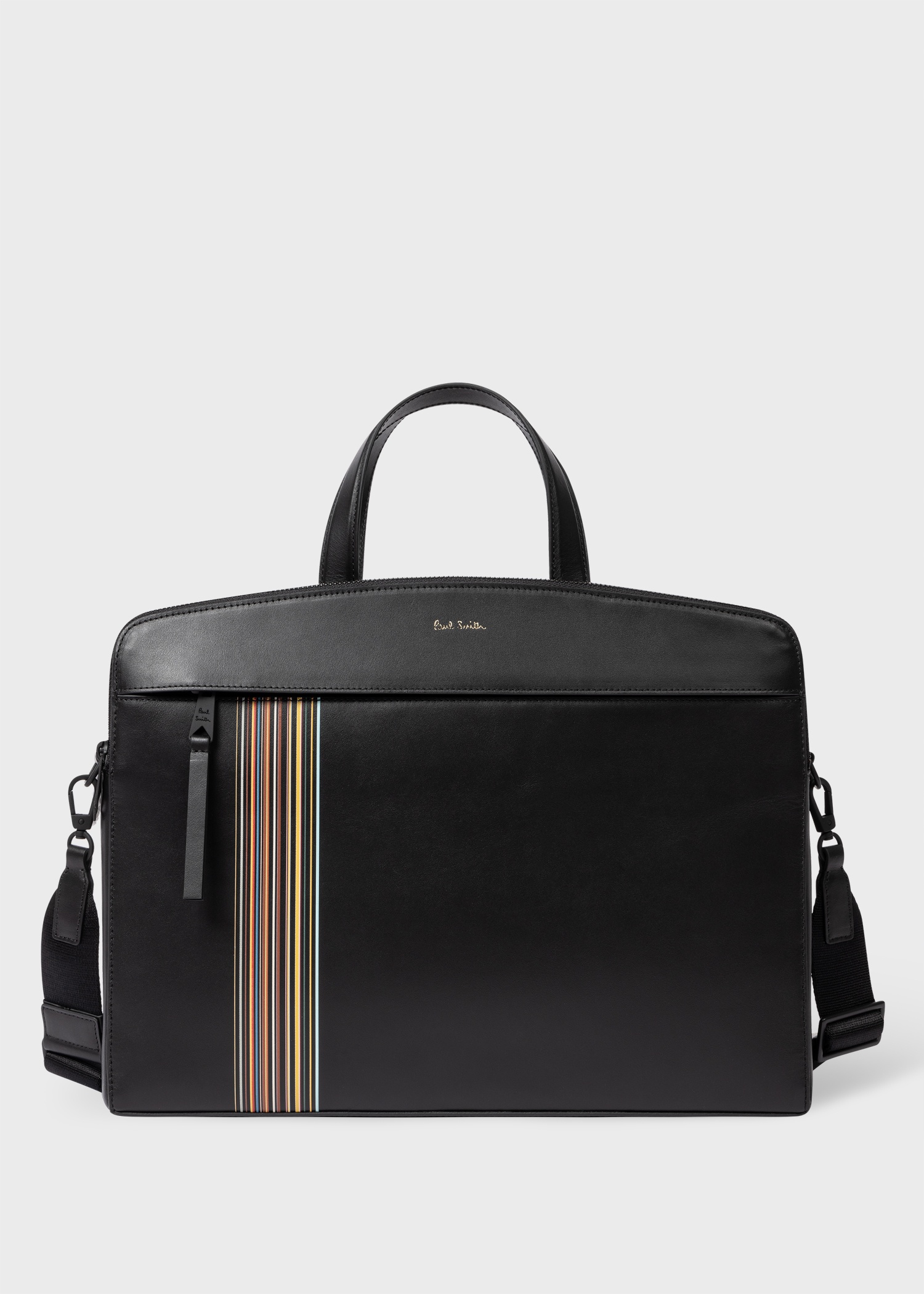 Black Leather 'Signature Stripe' Double Zip Folio - 1