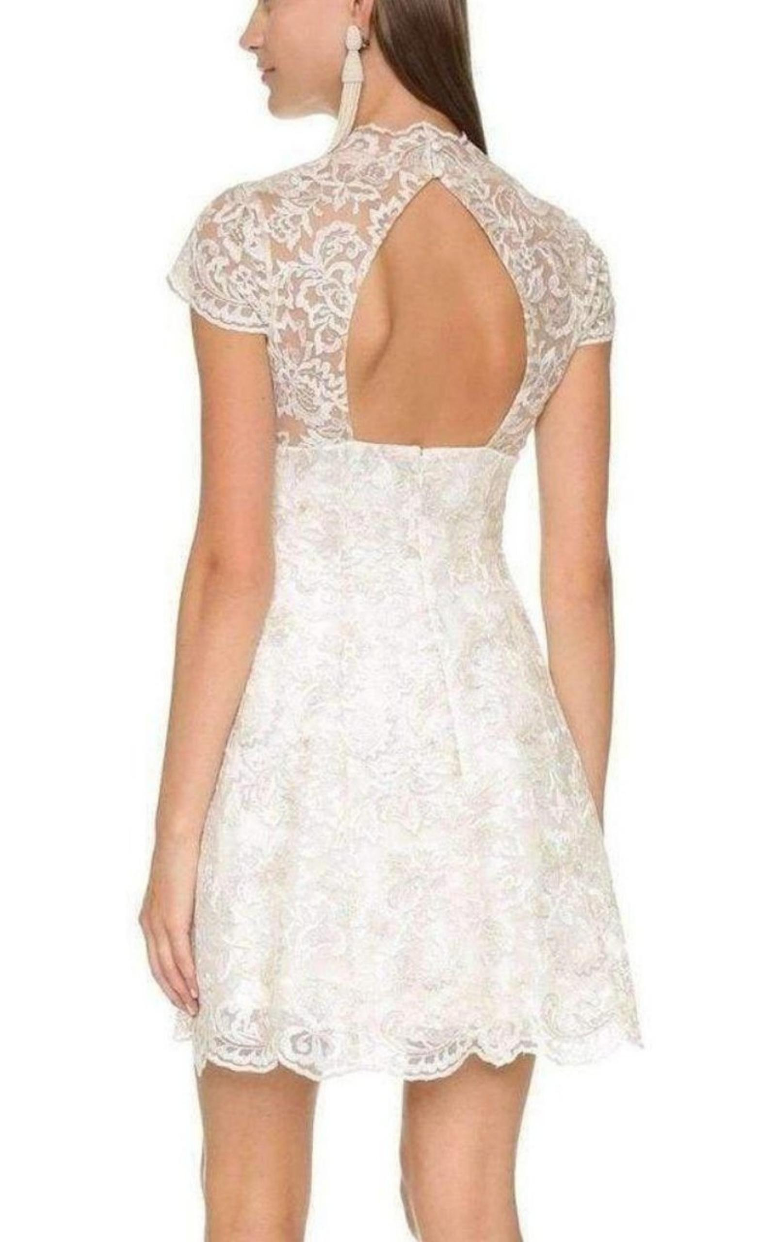 Marchesa Notte - White Metallic Lace Cap Sleeve Dress - 4
