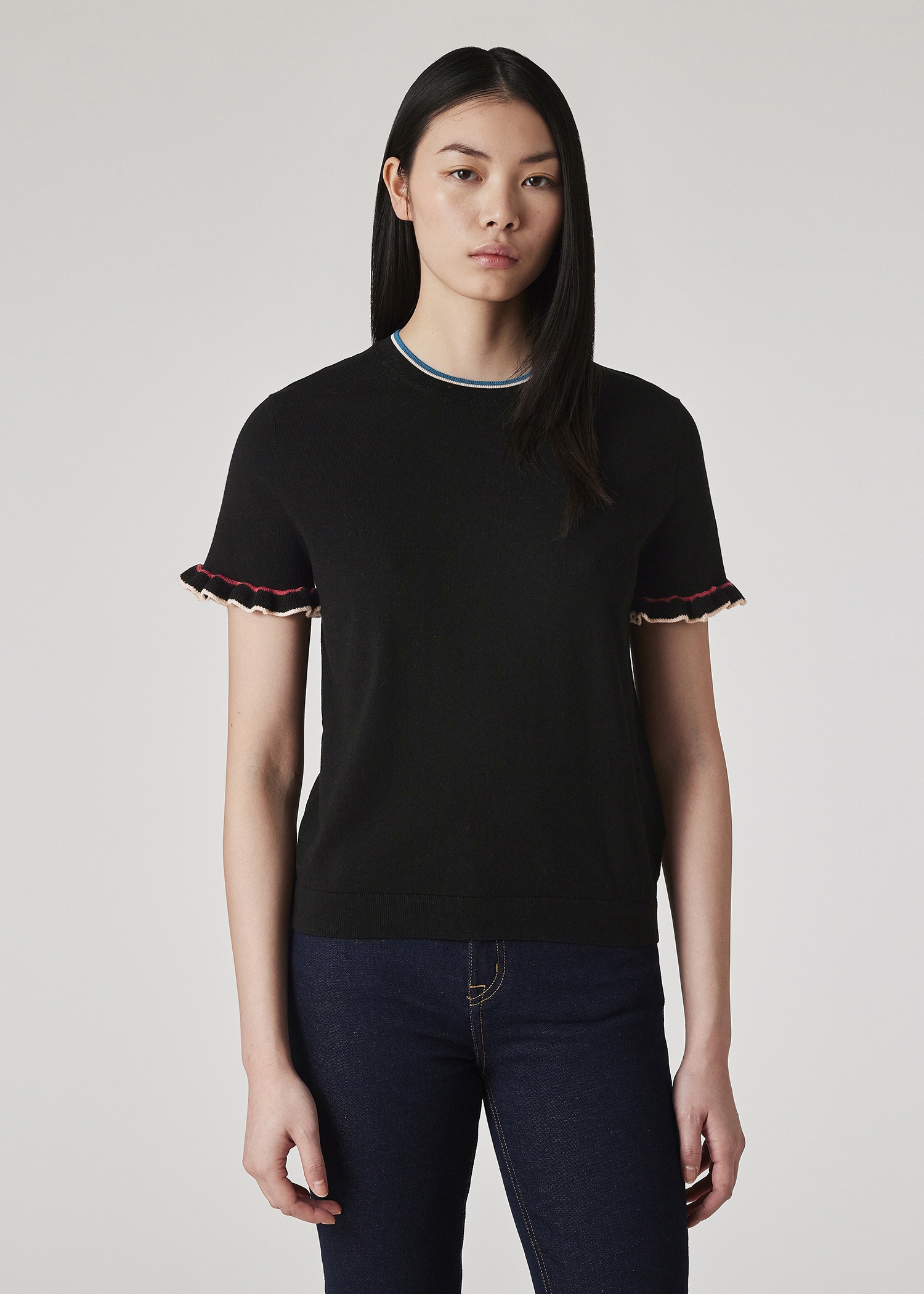 Women's Black Knitted Top with Frill Sleeves - 3